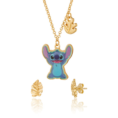 Disney Stitch Jewelry Set Official License with 16+3 Necklace and Palm Leaf Earrings, Gold Tone Fashion Necklace and Stud Earrings