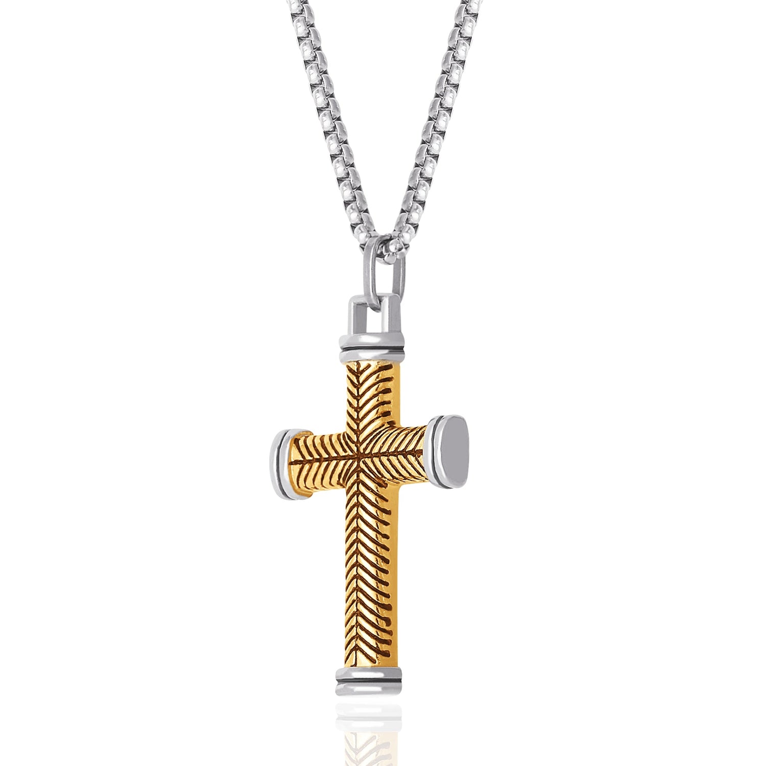 Lucky Brand Stainless Steel Cross Necklace for Men 24", Two-Tone Cross Pendant Necklace, Cross Jewelry