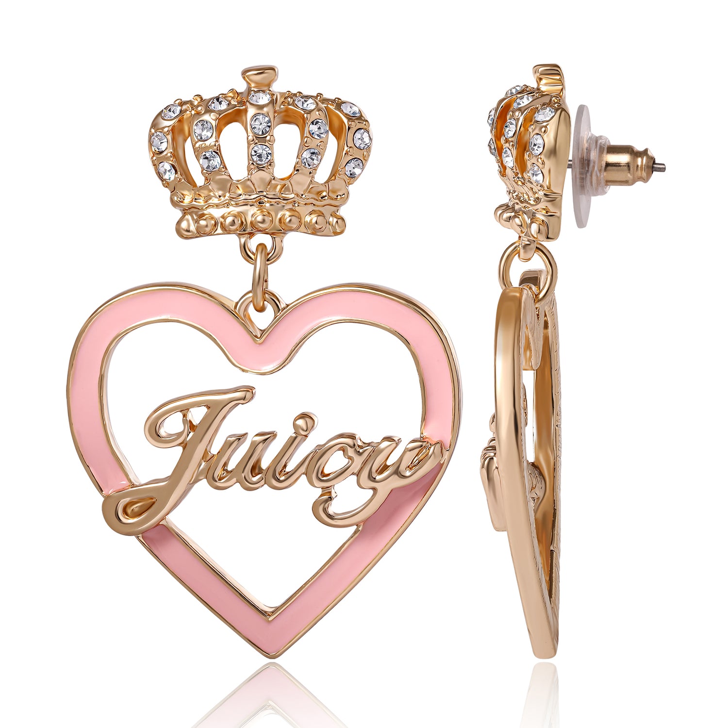 Juicy Couture Logo and Pink Heart Dangle Earrings for Women, Gold-Tone Heart Earrings with Embellished Crown Stud