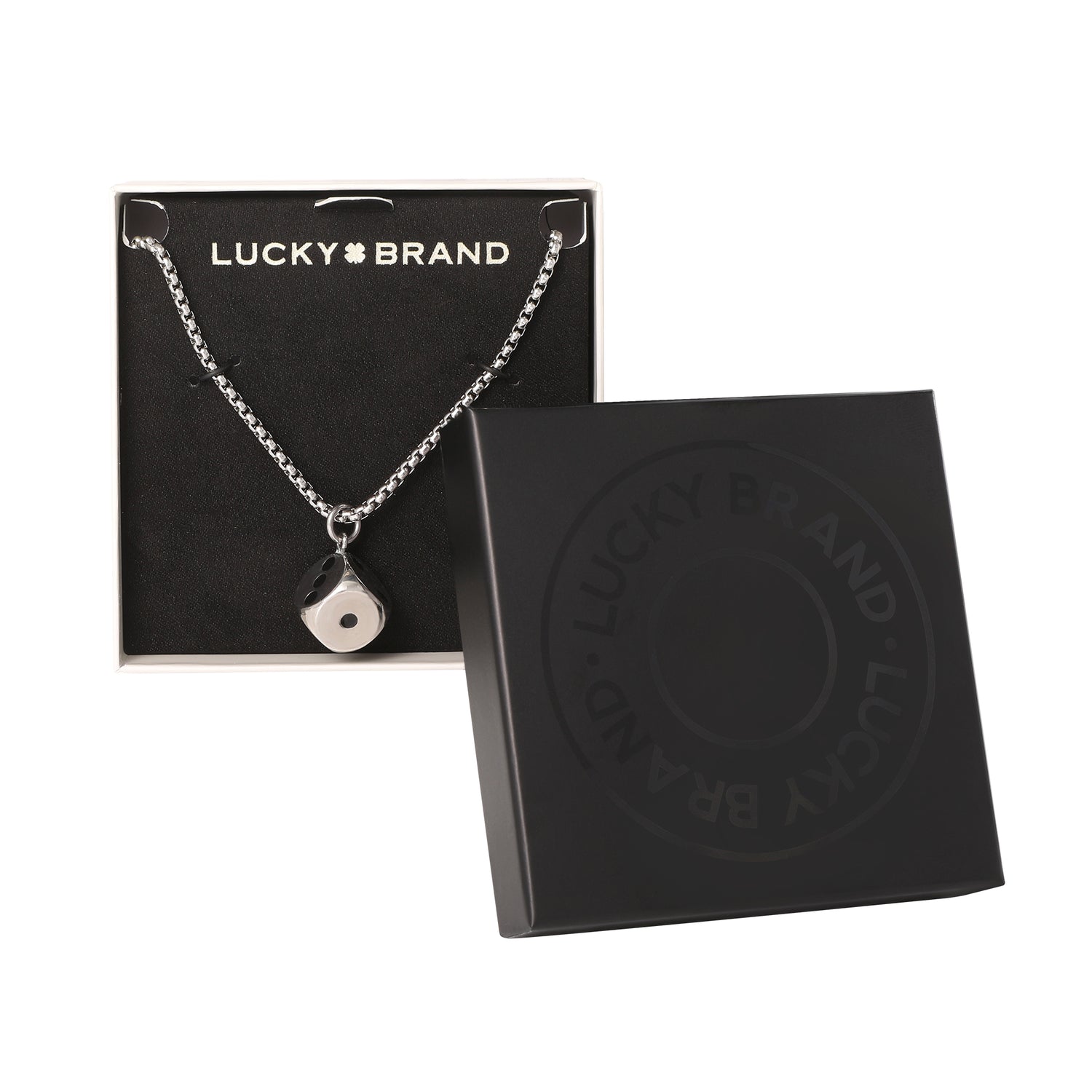 Lucky Brand Mens Dice Pendant Necklace - 22'' Stainless Steel Box Chain
