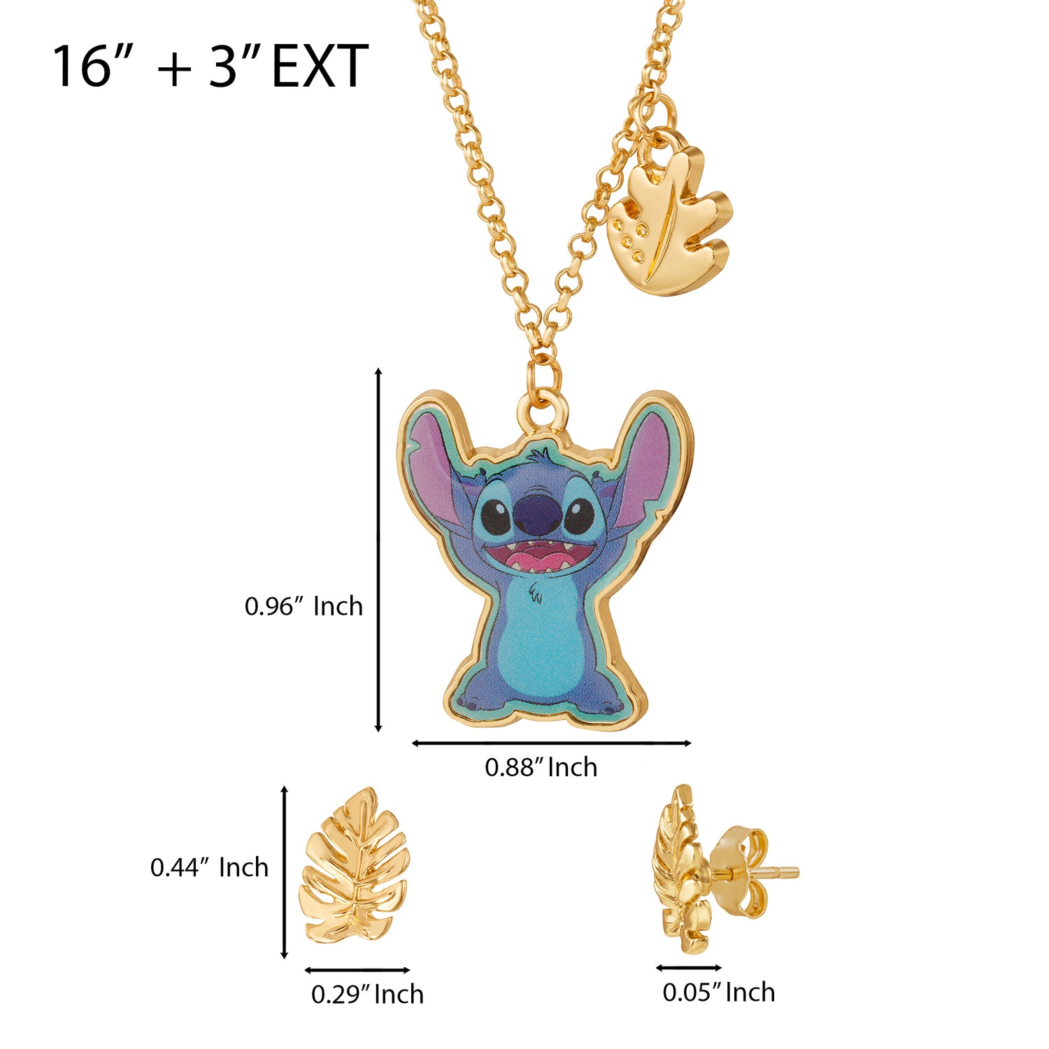 Disney Stitch Jewelry Set Official License with 16+3 Necklace and Palm Leaf Earrings, Gold Tone Fashion Necklace and Stud Earrings