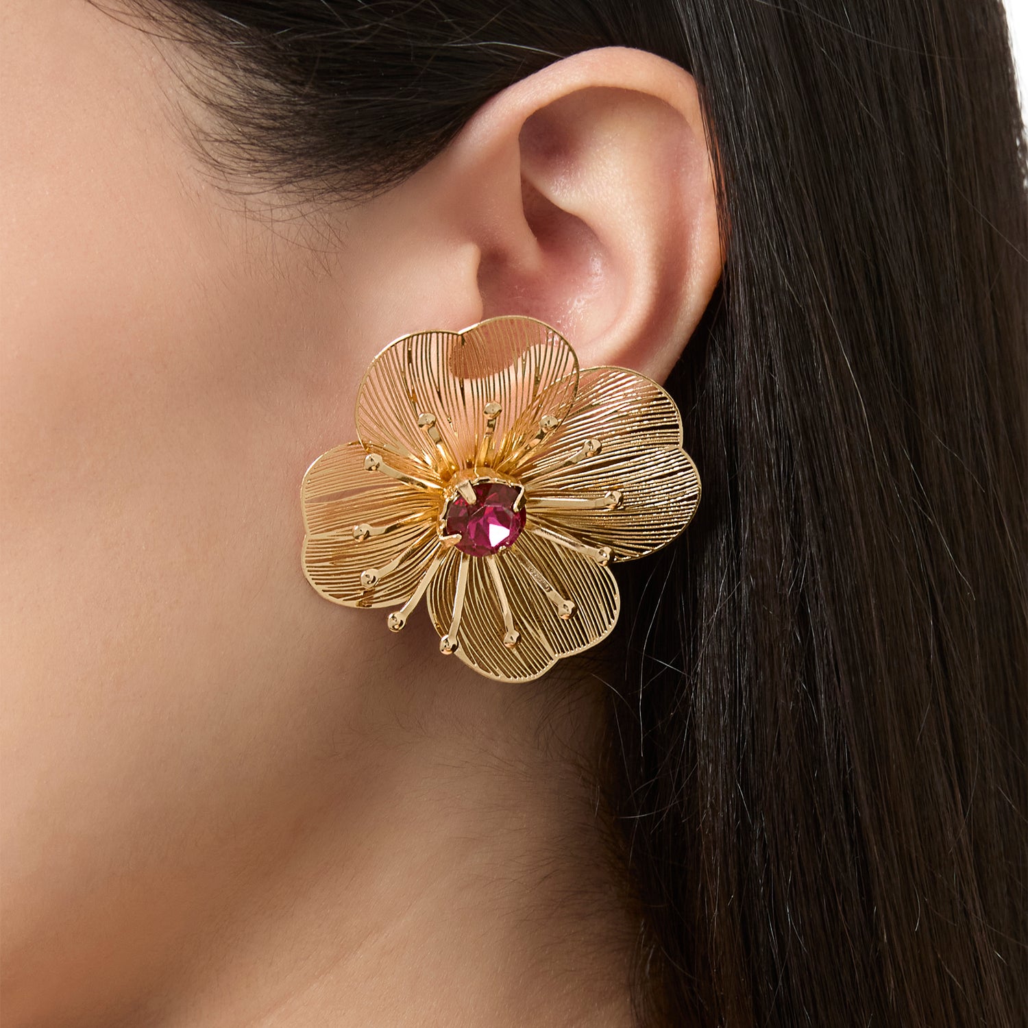 Jessica Simpson Gold-Tone Flower Stud Earrings with Pink Acrylic Stone