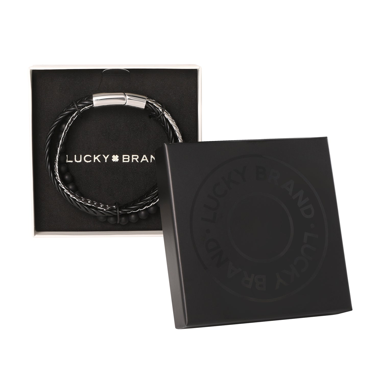 Lucky Brand Men’s 3‑Row Chain & Bead Bracelet, Black, Magnetic Clasp - 8.5''