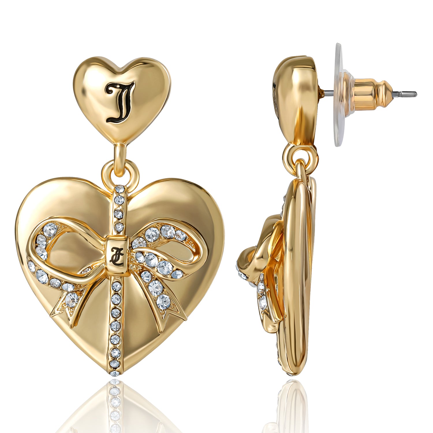Juicy Couture Quilted Double‑Heart Drop Earrings, Gold‑Tone with Crystal Accents