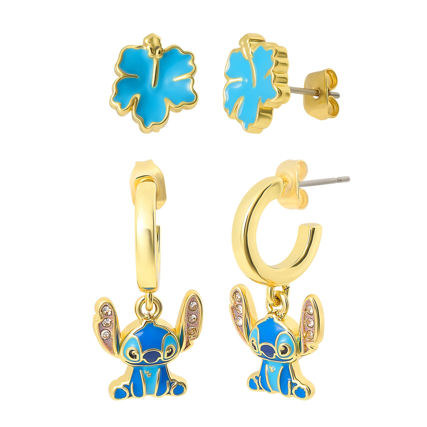 Disney Stitch Earrings 2-Pack, Hibiscus Studs and Stitch Charm Huggie Hoops