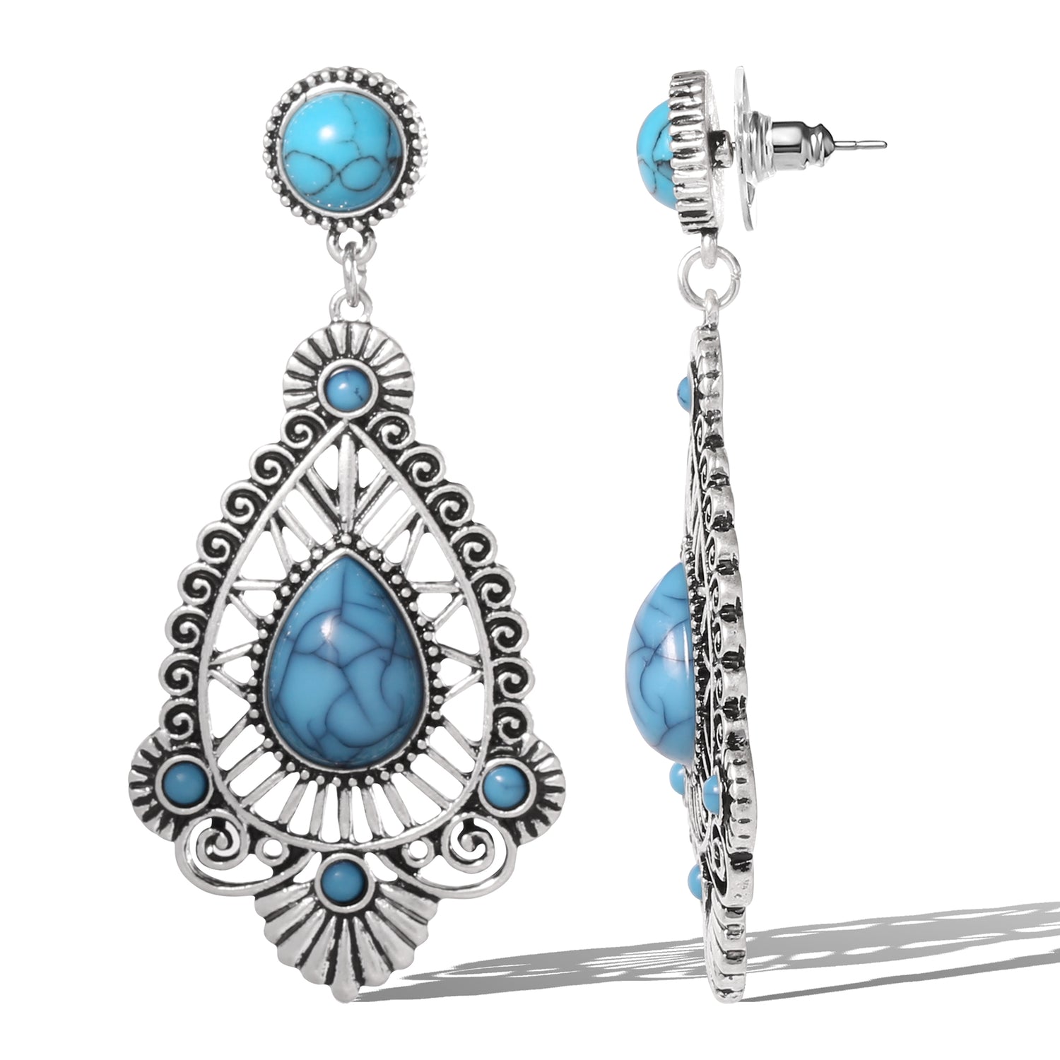 Jessica Simpson Silver-Tone Filigree Teardrop Earrings in Blue