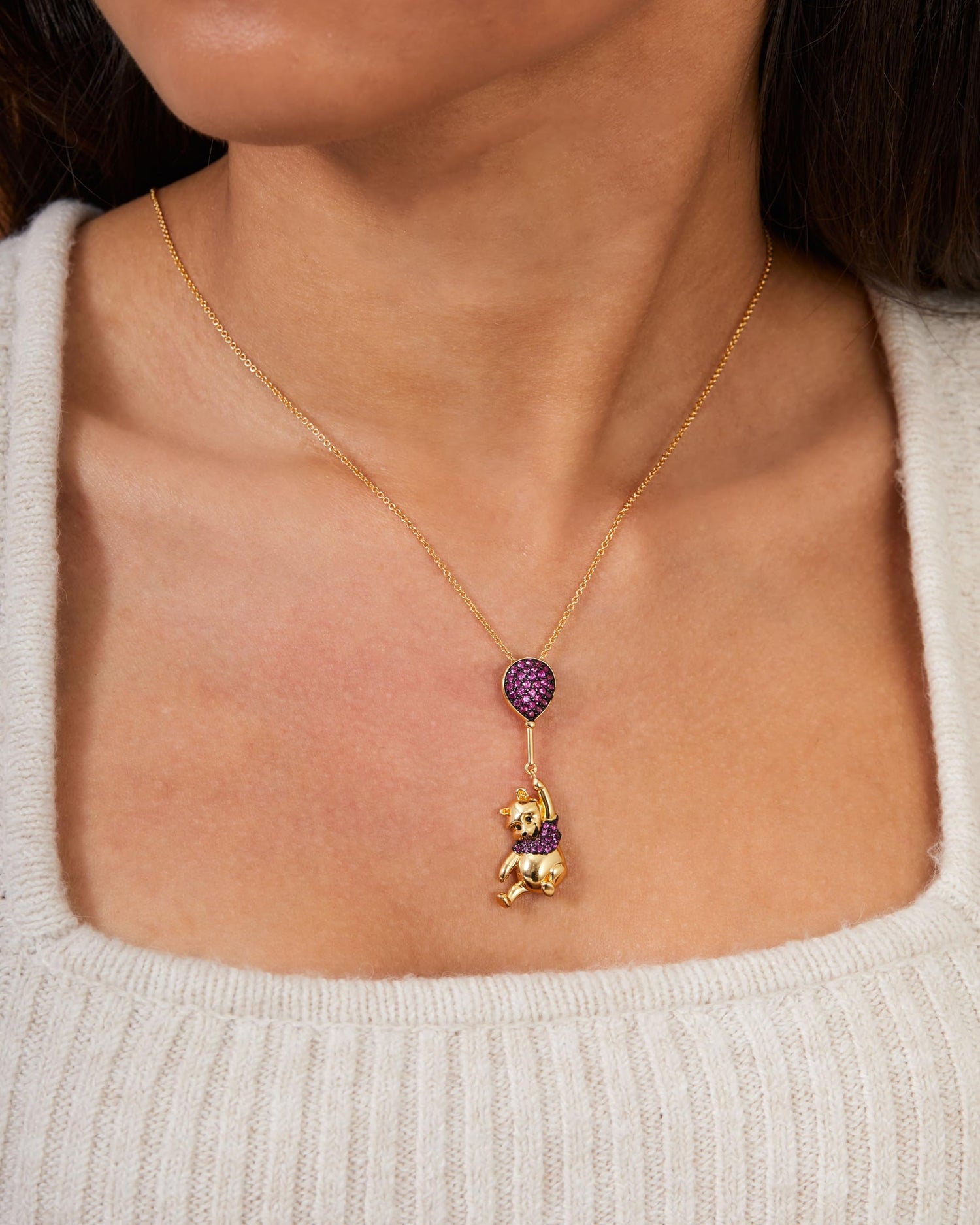 Disney Winnie-the-Pooh Slide Charm Necklace 18", Official License 24kt Gold Flash Plated and DMQ Cubic Zirconia Sterling Silver Necklace