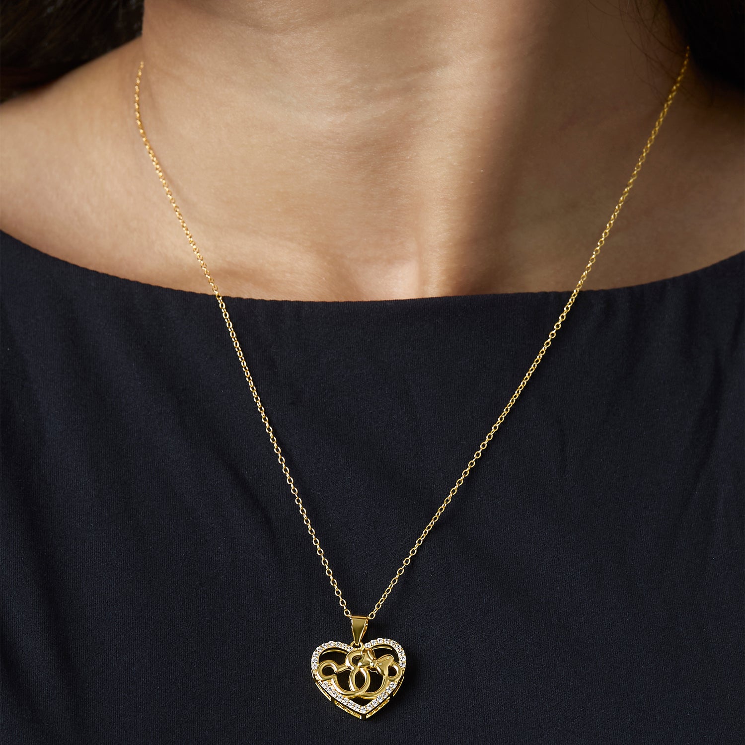 Minnie and Mickey Mouse Necklace, Cubic Zirconia Interlocking Heart Pendant