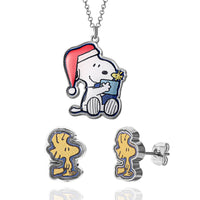 SALLY ROSE Peanuts Snoopy and Woodstock Christmas Necklace and Stud Earrings Set Official License, Fashion Earrings and 16"+2" Necklace
