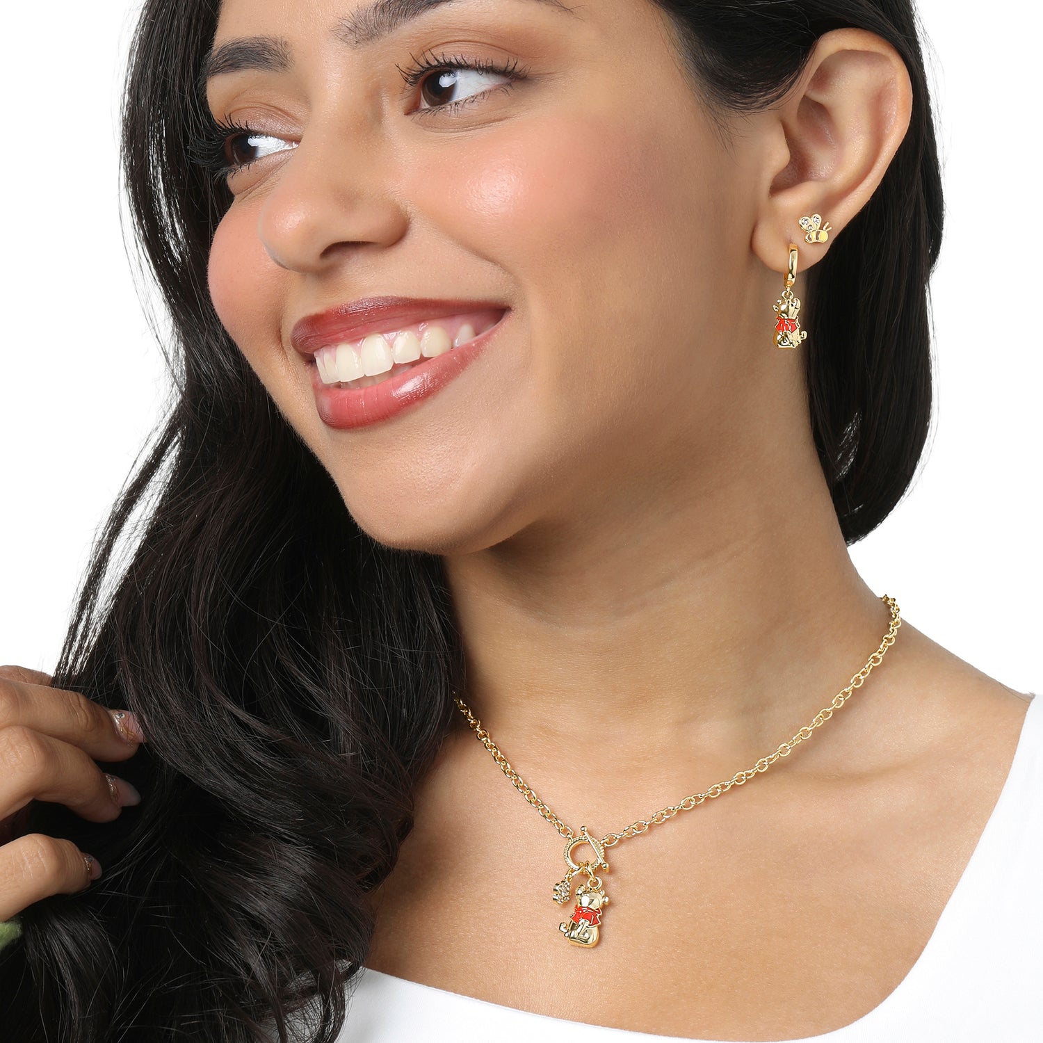 Winnie the Pooh Earrings for Women Pack of 2, Gold Tone and Clear Crystals