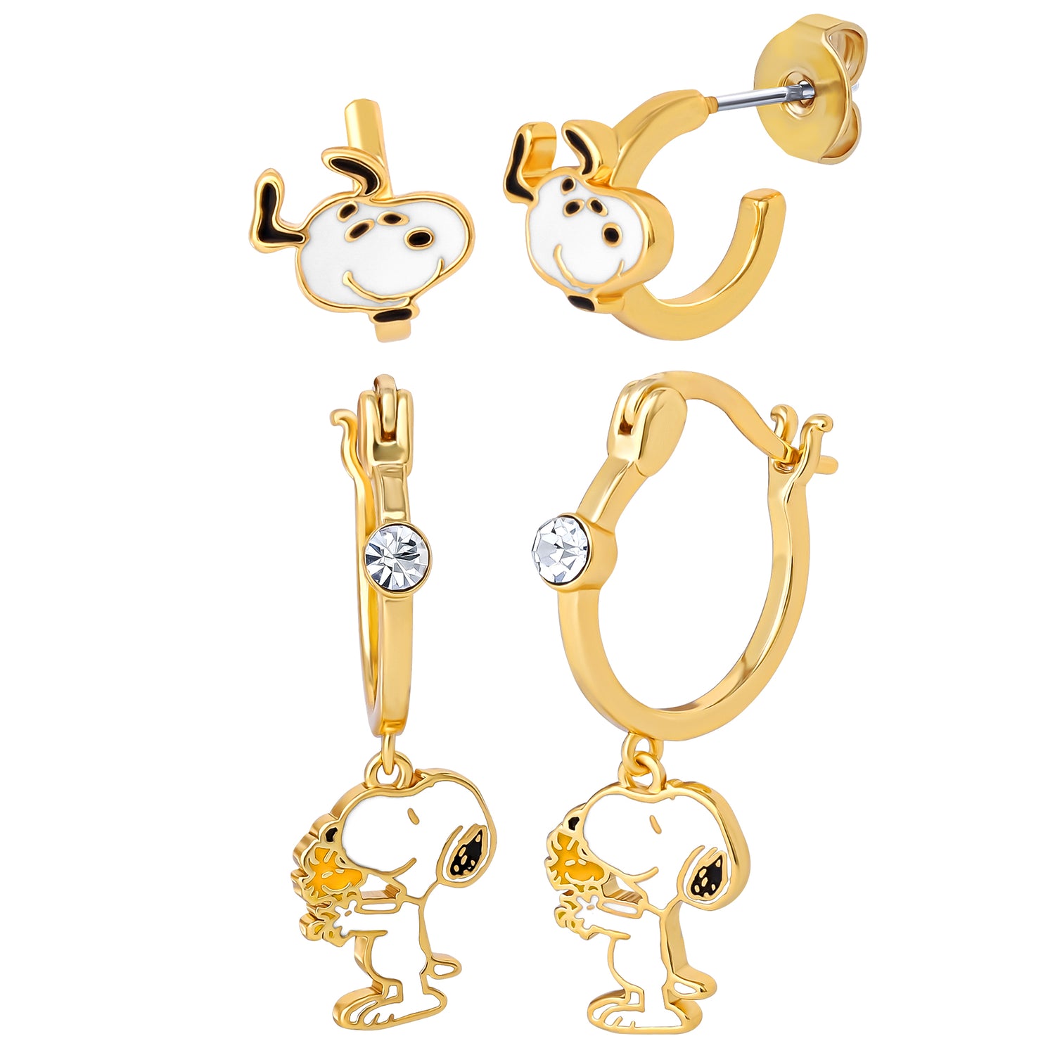 Peanuts Snoopy Earring Set, 2-Pair, Gold-Tone Studs & Dangle Hoops
