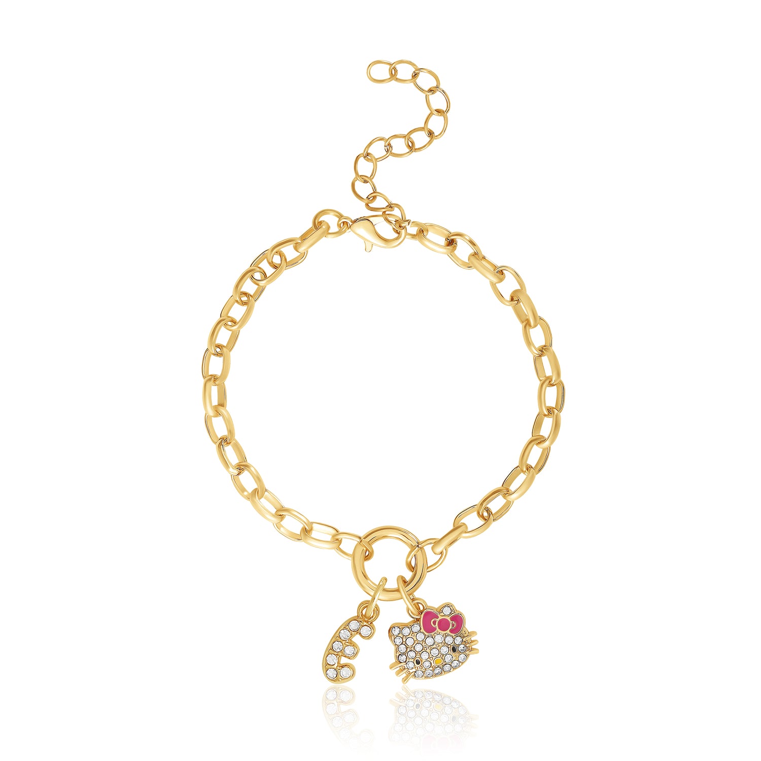 Hello Kitty Initial Crystal Charm Bracelet, Gold‑Tone, Adjustable - E