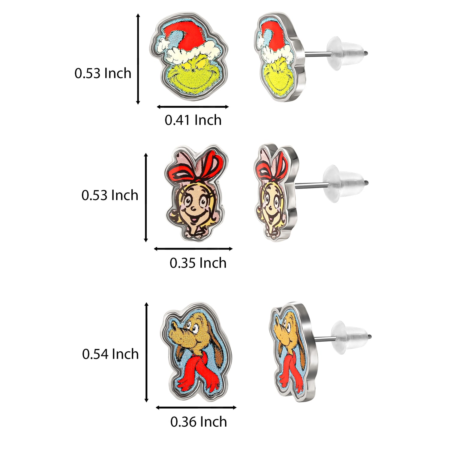 Dr. Seuss The Grinch Stud Earrings Pack of 3 Pairs Official License, Fashion Christmas Earrings for Women
