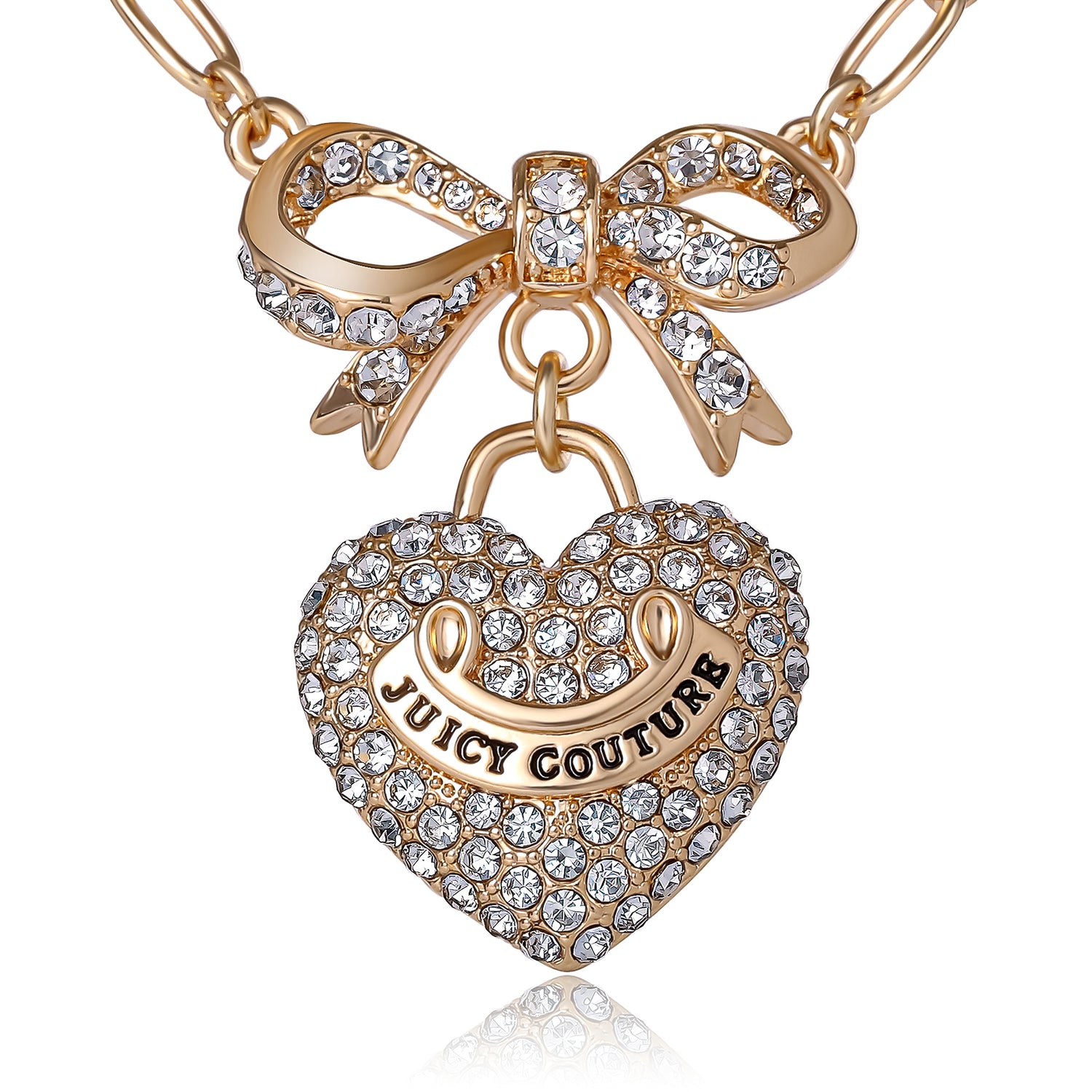Juicy Couture Necklace Gold Tone 18"+2", Heart Charm Necklace for Women with Bow, Faux Pearls, and Clear Stones