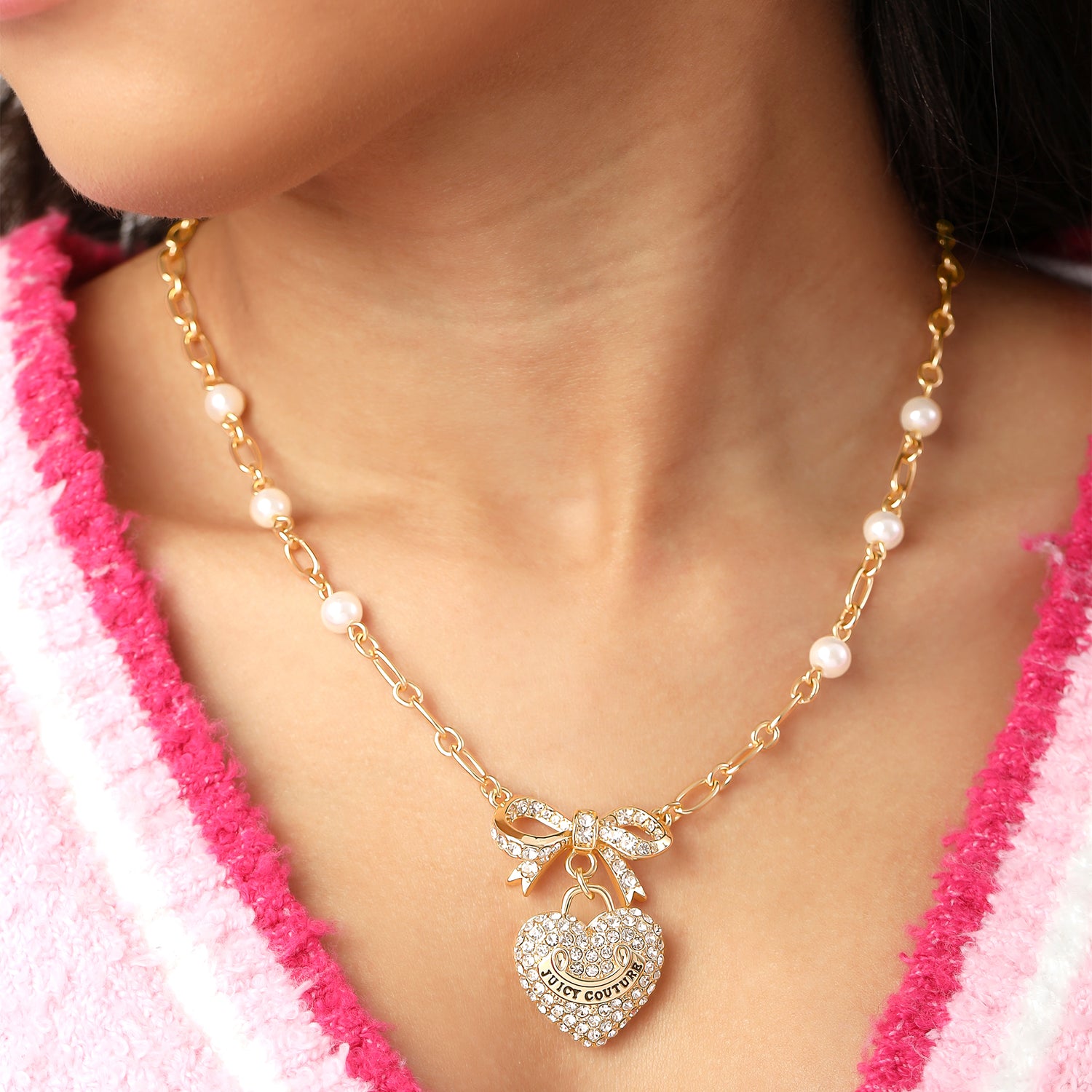 Juicy Couture Necklace Gold Tone 18"+2", Heart Charm Necklace for Women with Bow, Faux Pearls, and Clear Stones