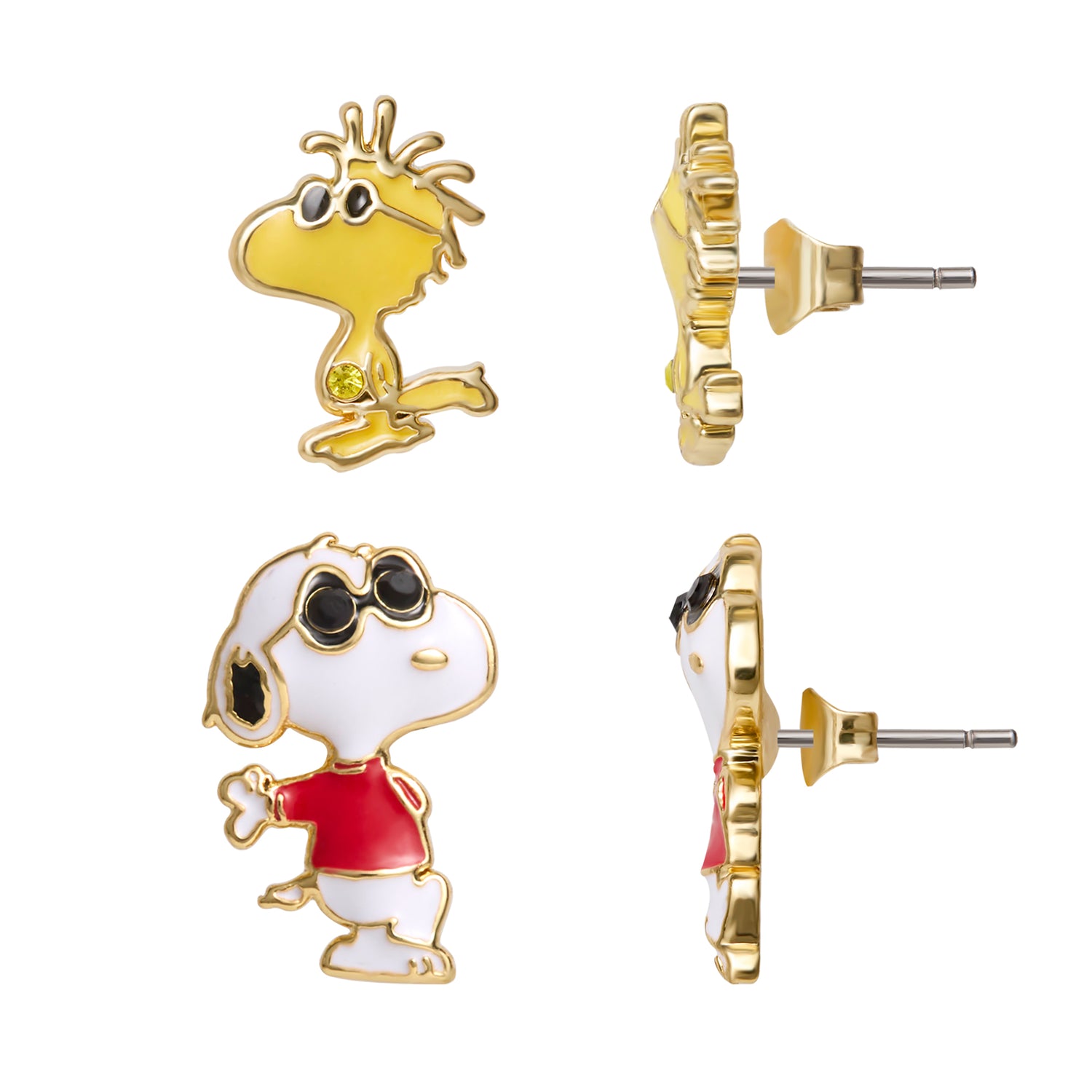 Peanuts Woodstock and Snoopy Earrings 2 Pairs, 18k Gold Flash Plated