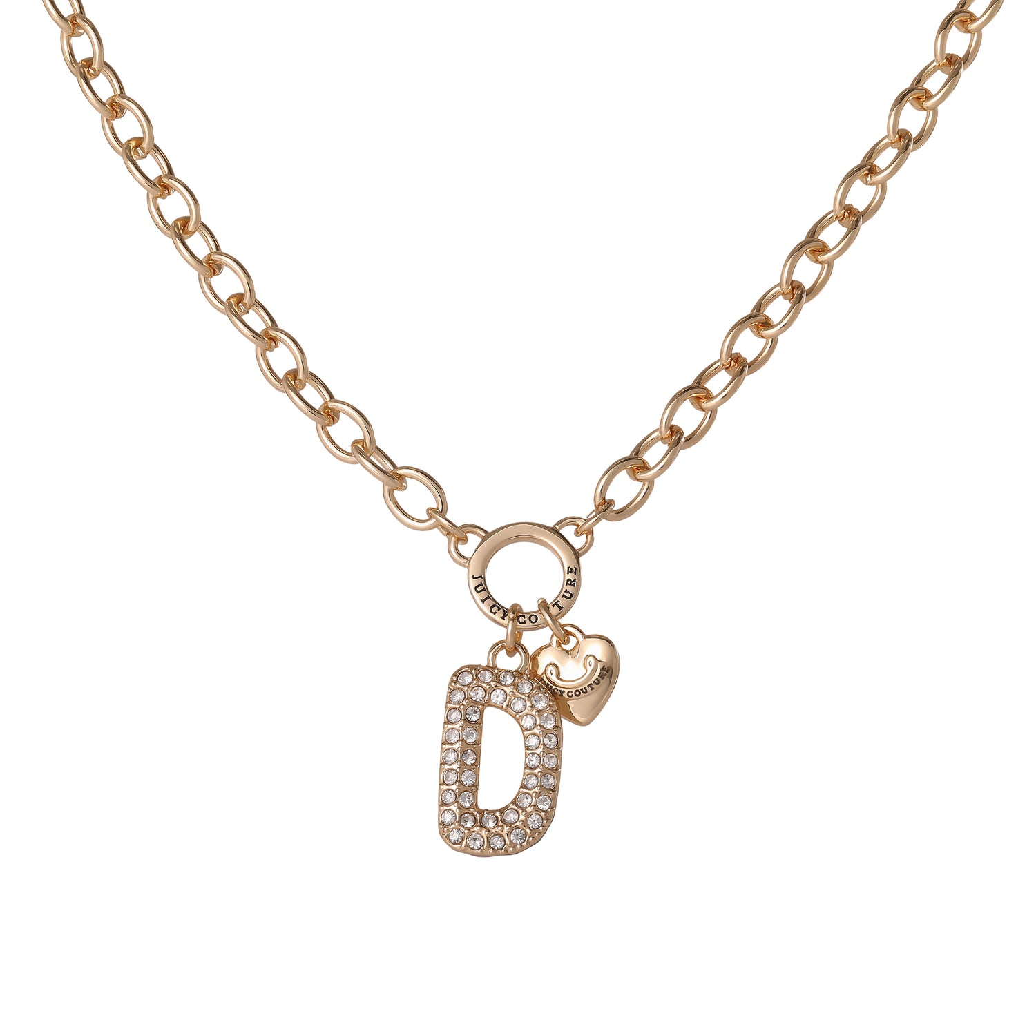 Juicy Couture Bubble Letter Necklace for Women with Clear Stones 18"+2", Chunky Initial Necklace Gold-Tone - D