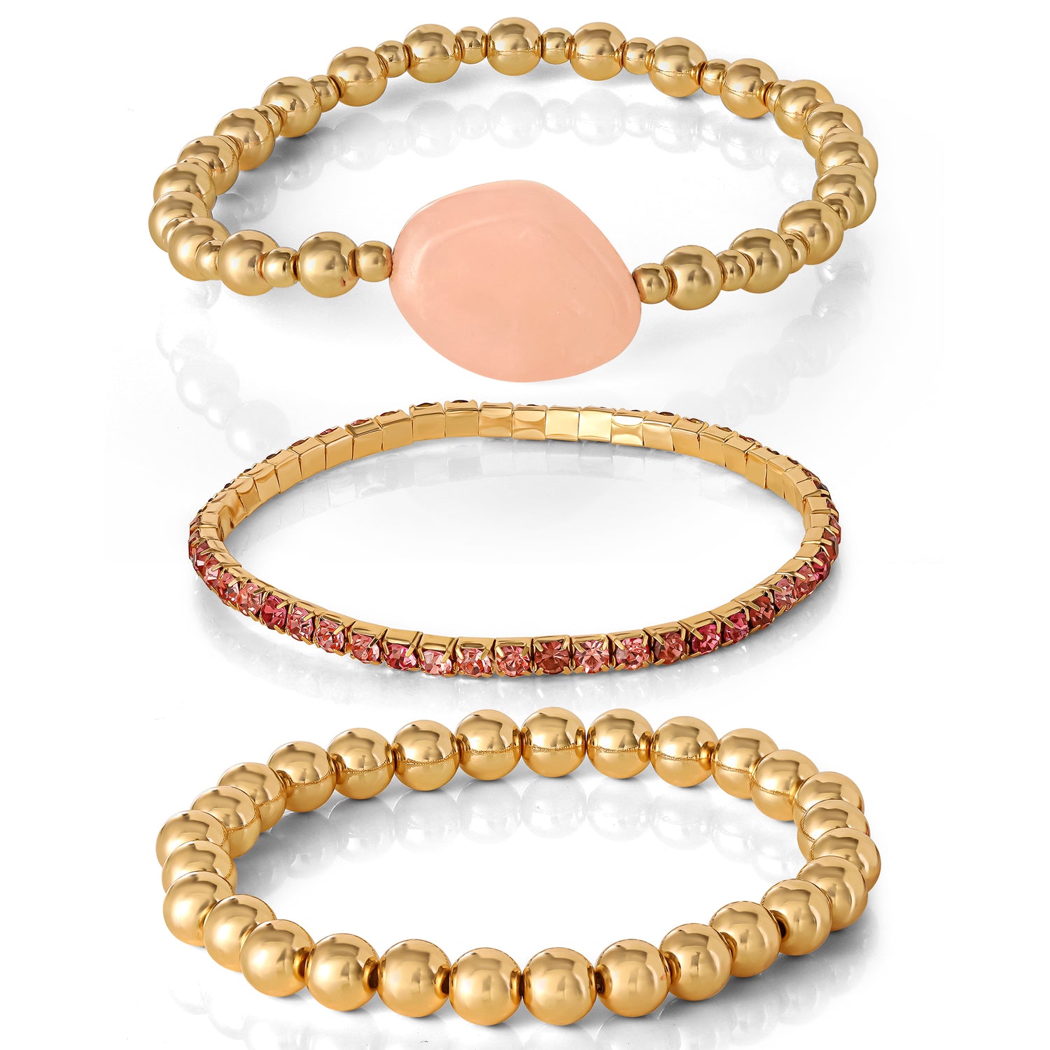 Jessica Simpson 3-Piece Beaded Stretch Bracelet Set - Gemstone & Gold-Tone Accents - Pink