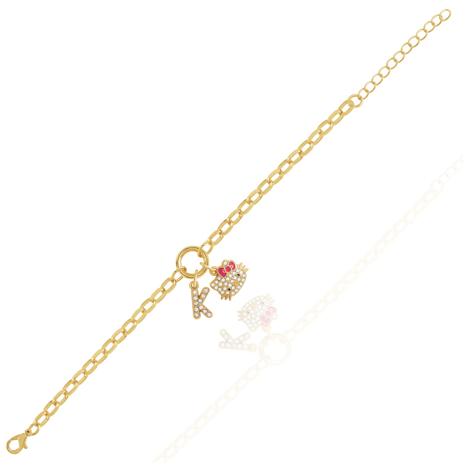 Hello Kitty Initial Crystal Charm Bracelet, Gold‑Tone, Adjustable - K