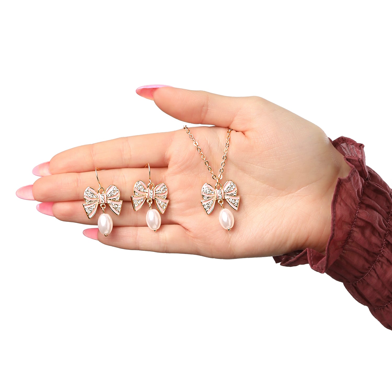 Celebrity Pink Pearl and Bow Jewelry Set with Necklace and Drop Earrings