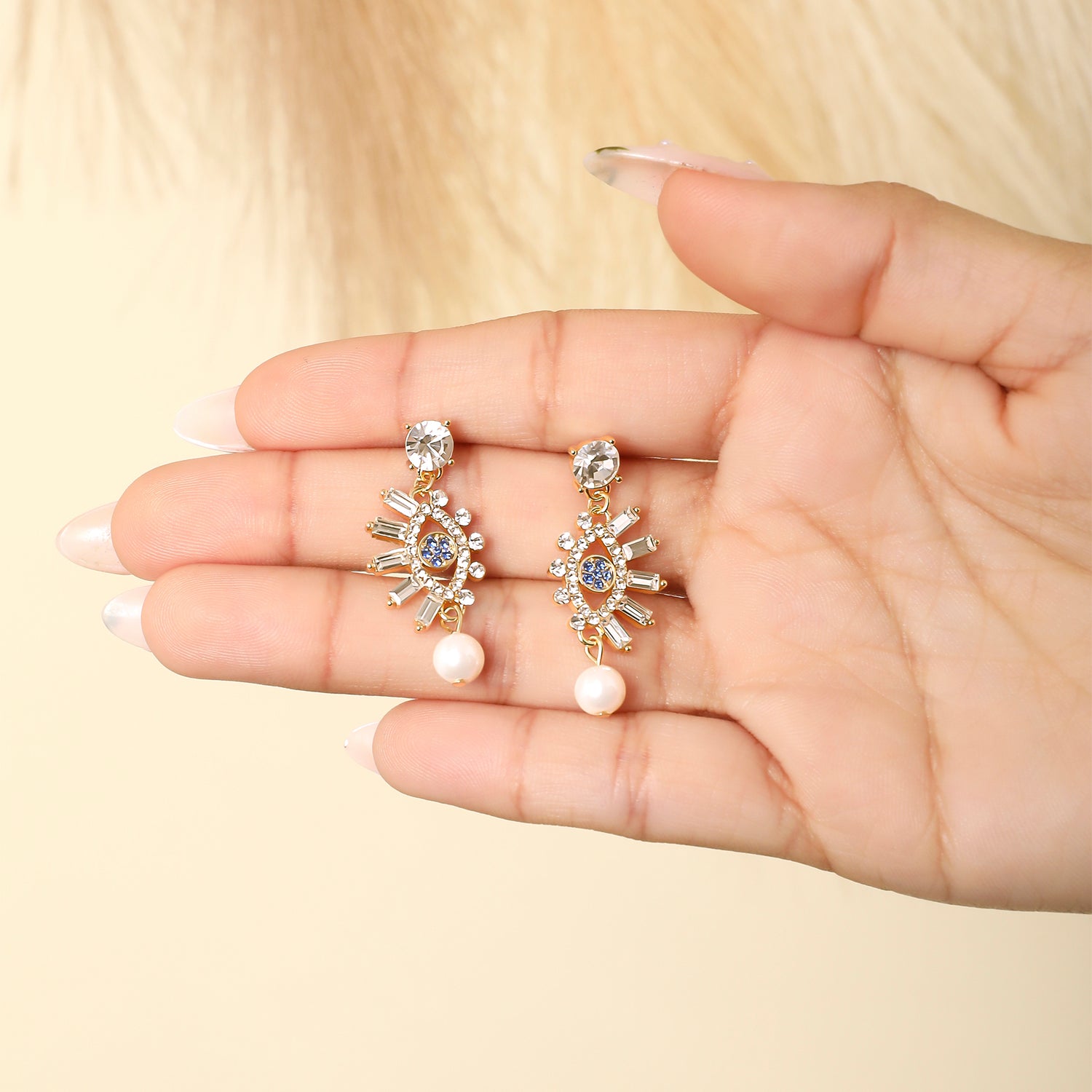 Jessica Simpson Womens Evil Eye Dangle Earrings - Gold-Tone Evil Eye Earrings with Pearl and Rhinestones
