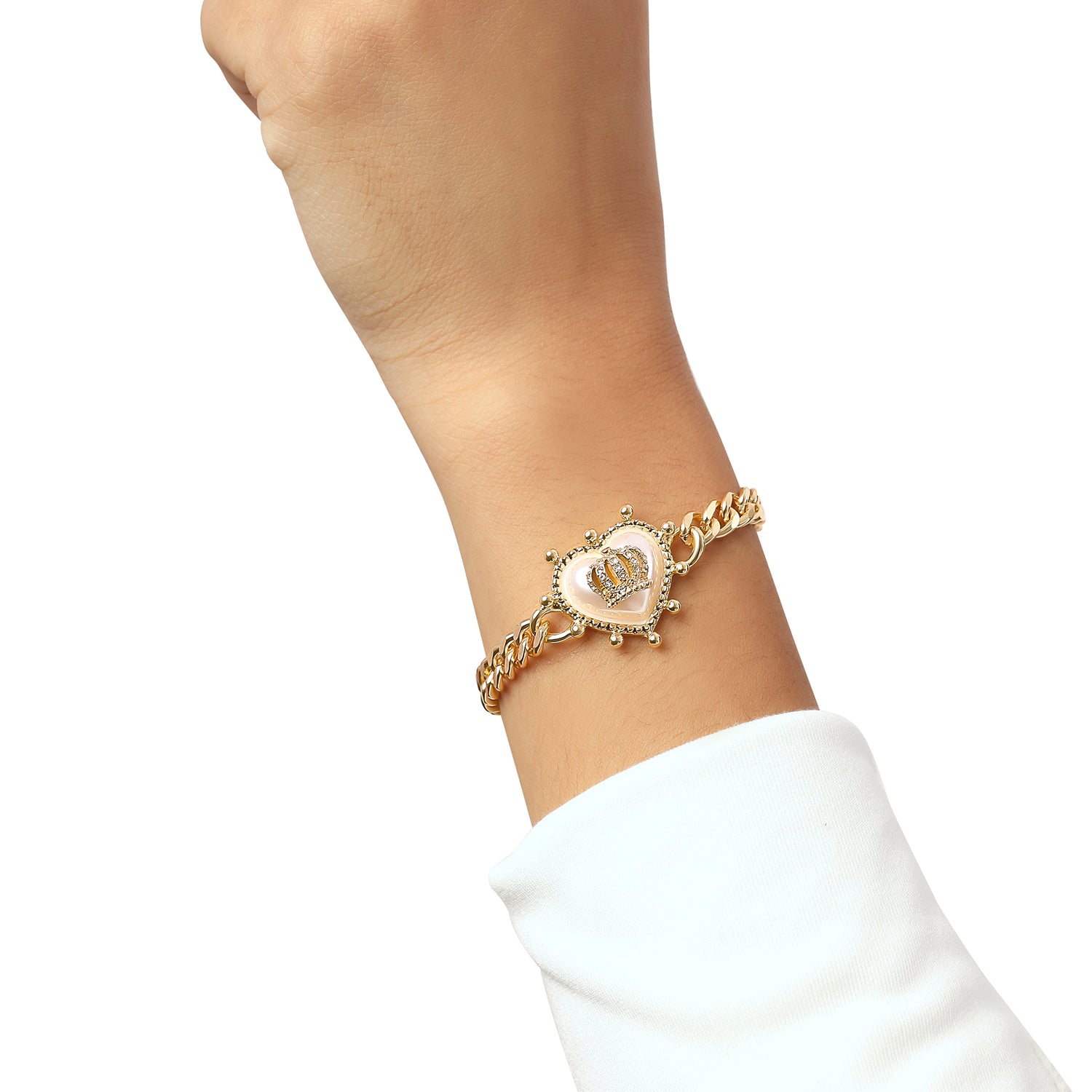 Juicy Couture Bracelet 7.5", Goldtone Crown Heart Bracelet for Women with Small Clear Stones, Juicy Gifts