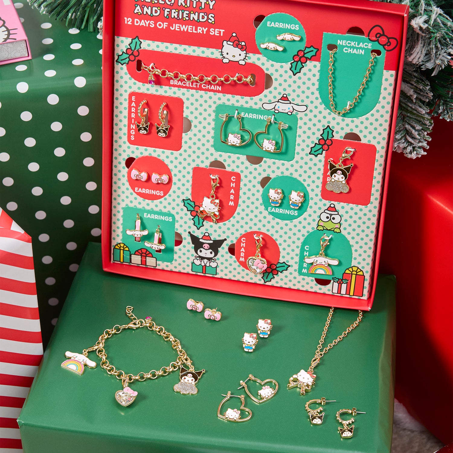 Hello Kitty 12-Piece Jewelry Advent Set - Earrings, Charms, and Bracelets