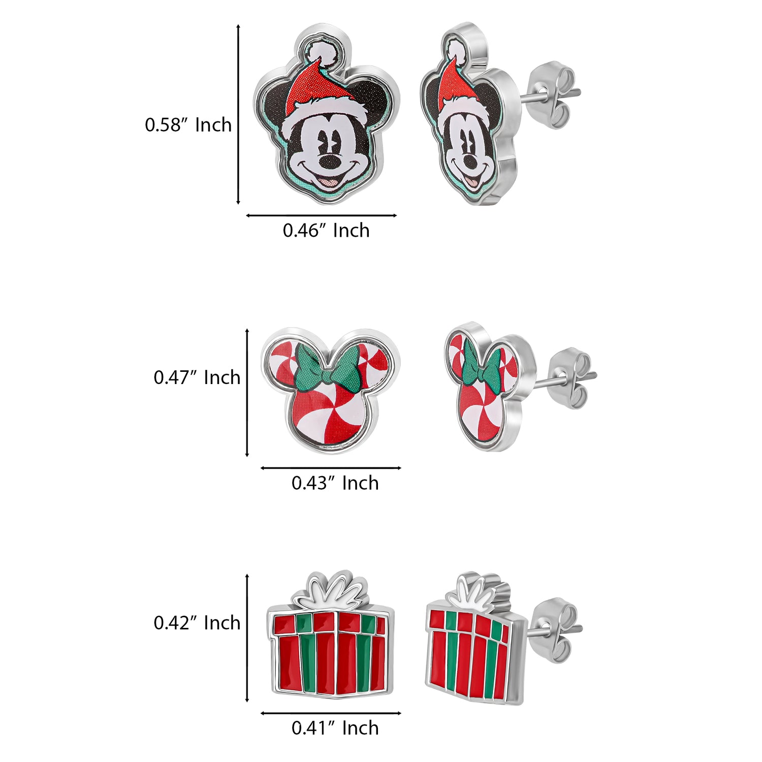 Disney Holiday Stud Earring Set, 3 Pairs - Mickey Santa, Peppermint Ears & Gifts, Silver‑Tone