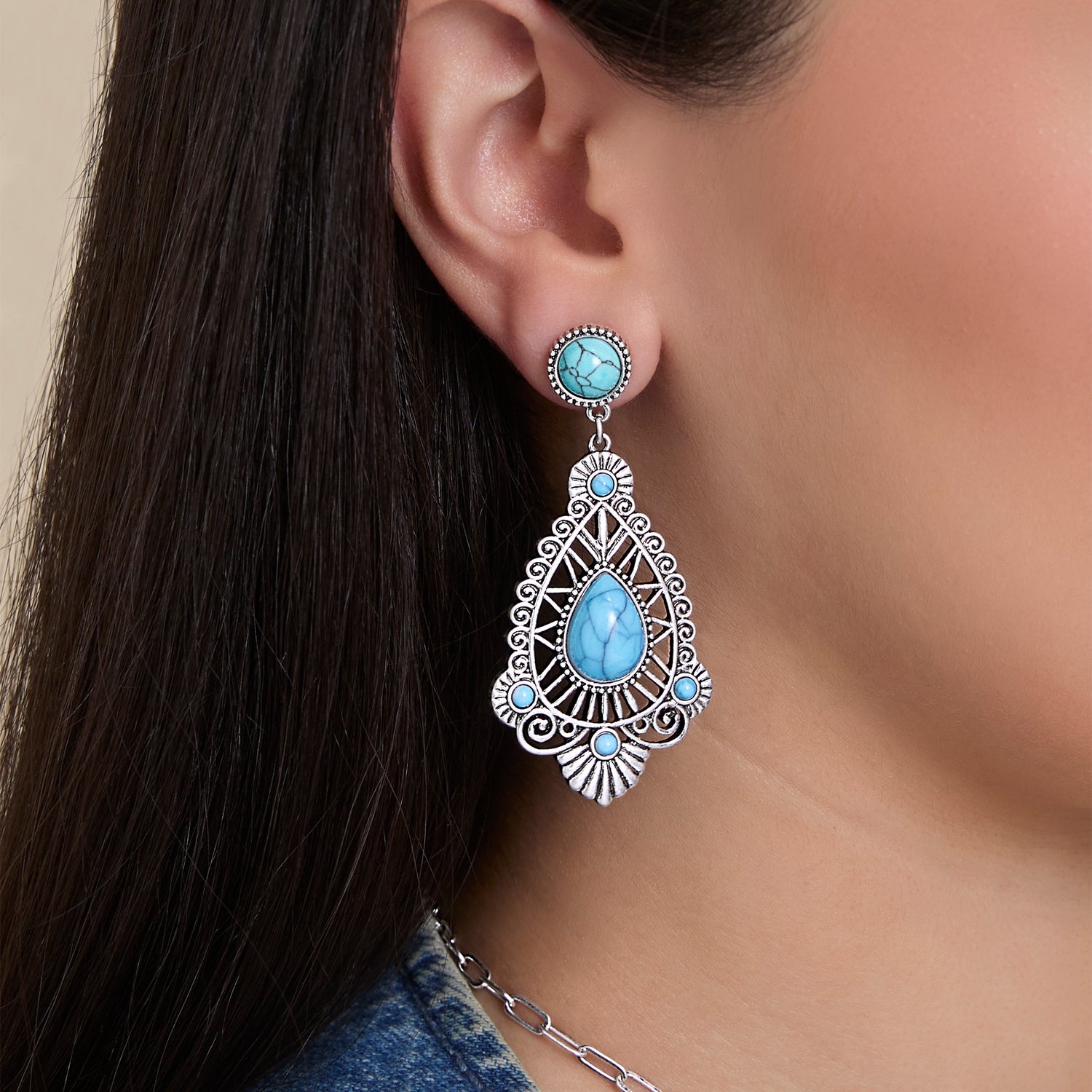 Jessica Simpson Silver-Tone Filigree Teardrop Earrings in Blue