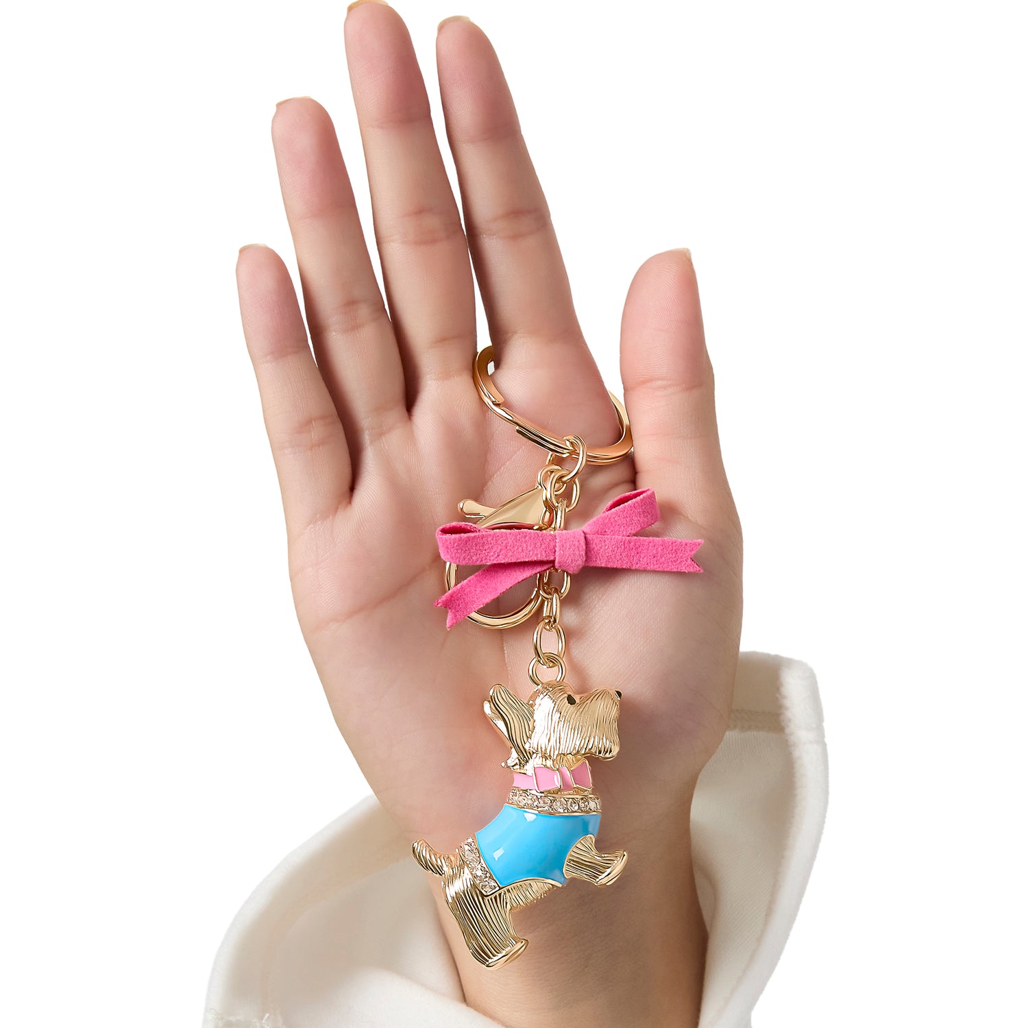 Juicy Couture Crystal Scottie Dog Keychain with Satin Bow, Gold‑Tone