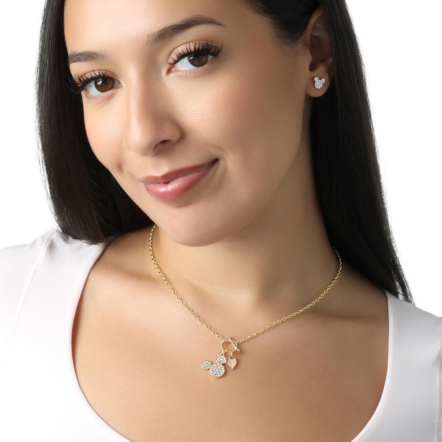 Disney Mickey Mouse Necklace 16" + 2", Gold Tone, Clear Crystals