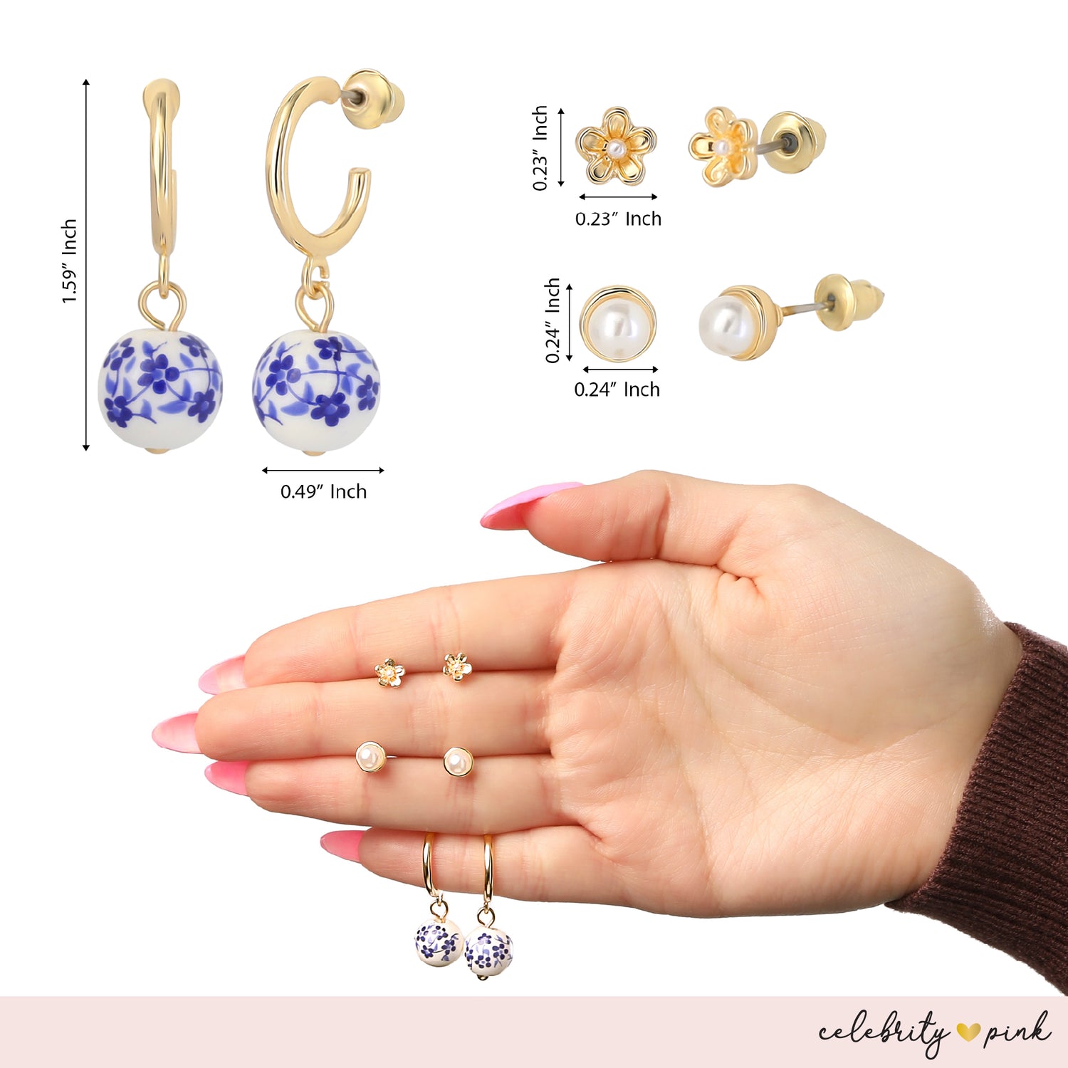 Celebrity Pink Womens Gold-Tone Hoop Earrings and Stud Earring Pack of 6 | 6-Pack, Small Hoops and Stud Earrings, Everyday Gold Jewelry for Women