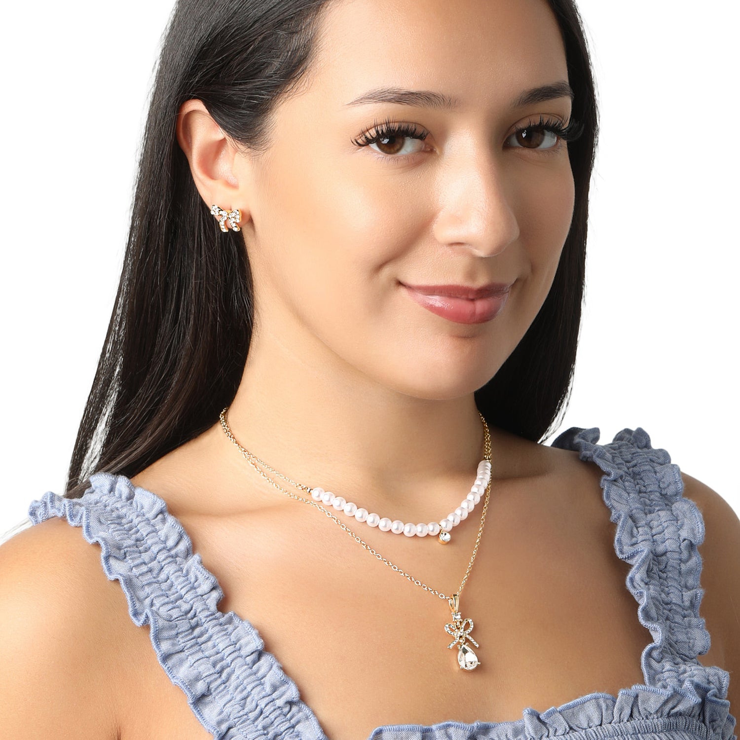Celebrity Pink Layered Necklaces for Women with Crystal Teardrop Pendant