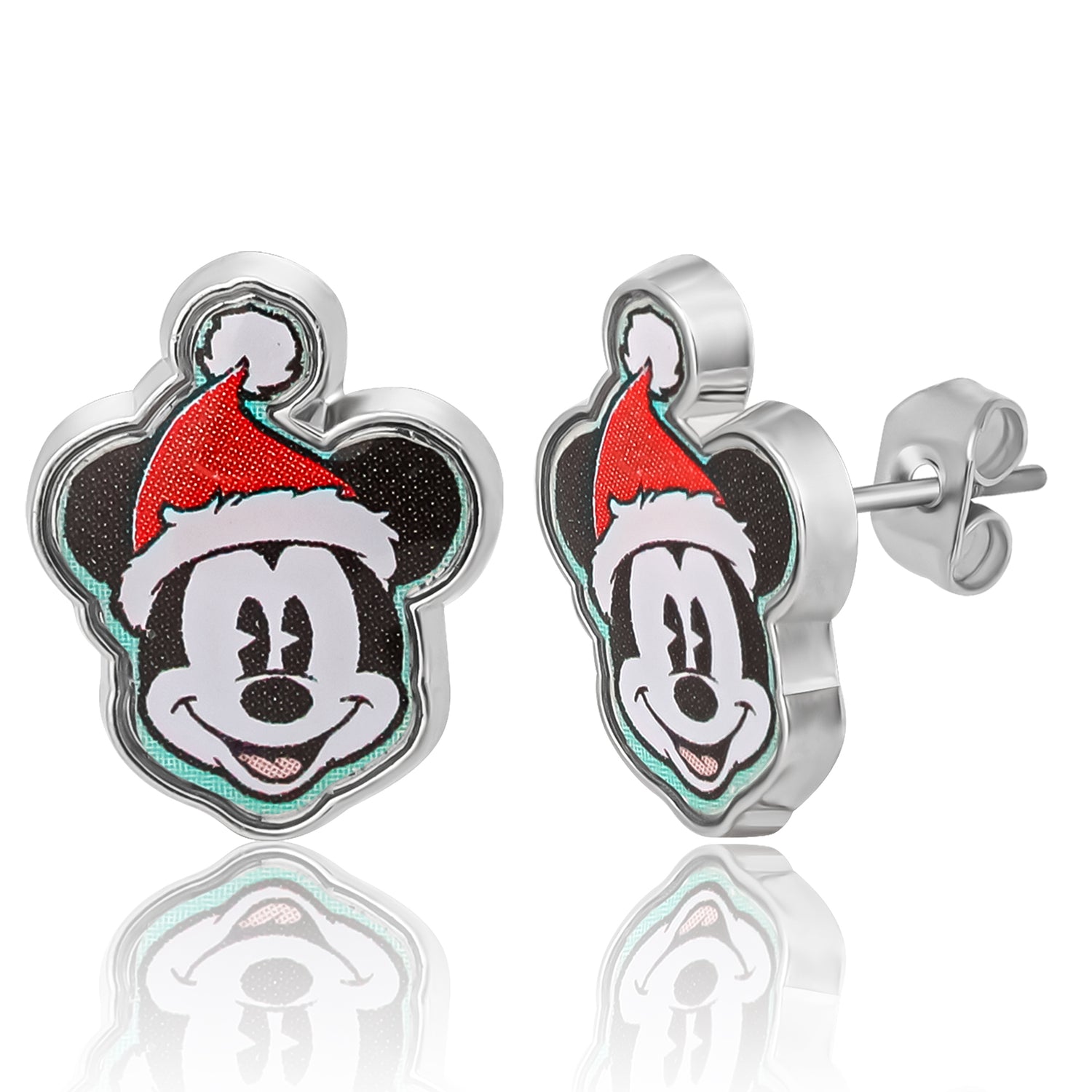 Disney Holiday Stud Earring Set, 3 Pairs - Mickey Santa, Peppermint Ears & Gifts, Silver‑Tone