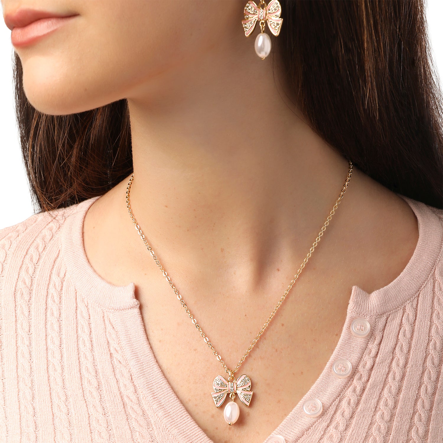 Celebrity Pink Pearl and Bow Jewelry Set with Necklace and Drop Earrings