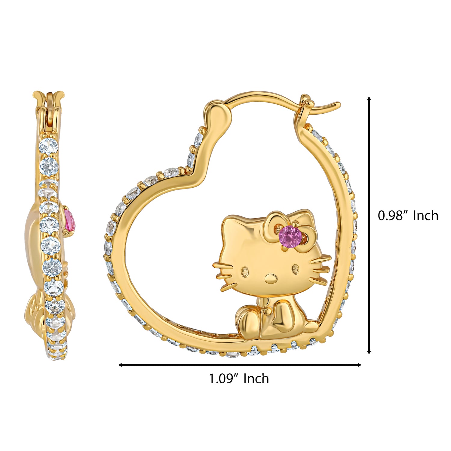 Hello Kitty 3D Heart Hoop Earrings, Yellow Gold-Plated Sterling Silver with Created Sapphire, Official License