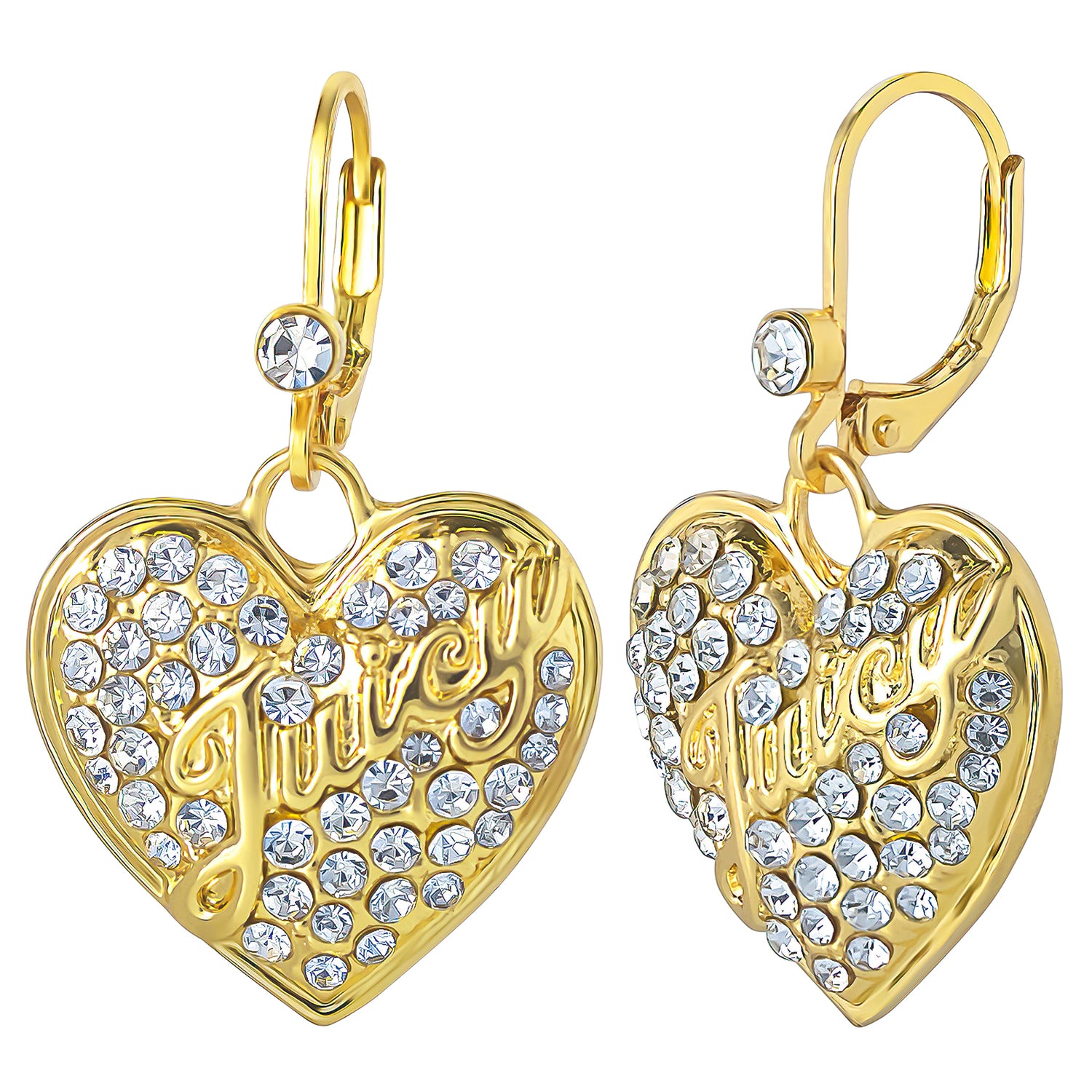 Juicy Couture Crystal Heart Charm Dangle Earrings for Women, Yellow Gold-Tone, Leverback