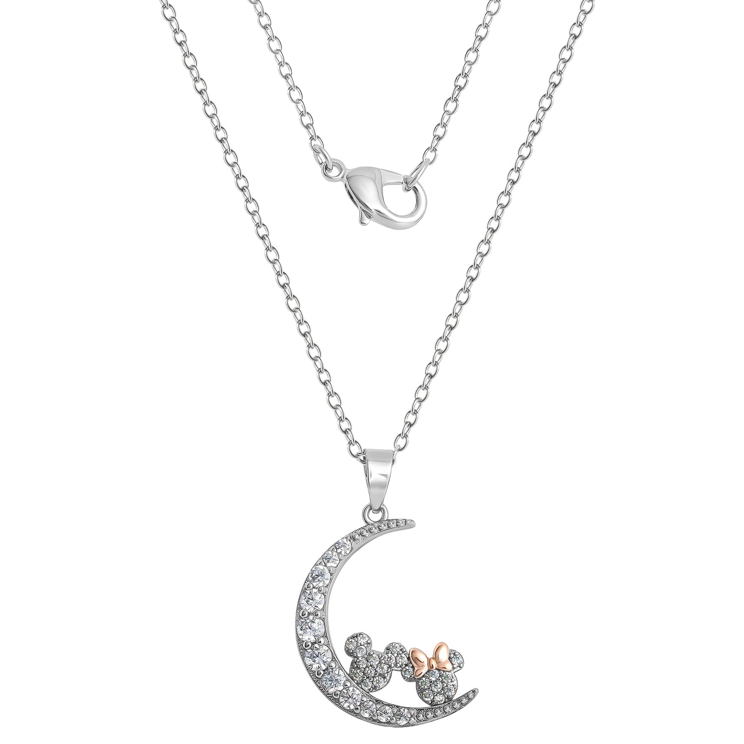 Minnie and Mickey Mouse Moon Necklace for Women 18", Cubic Zirconia