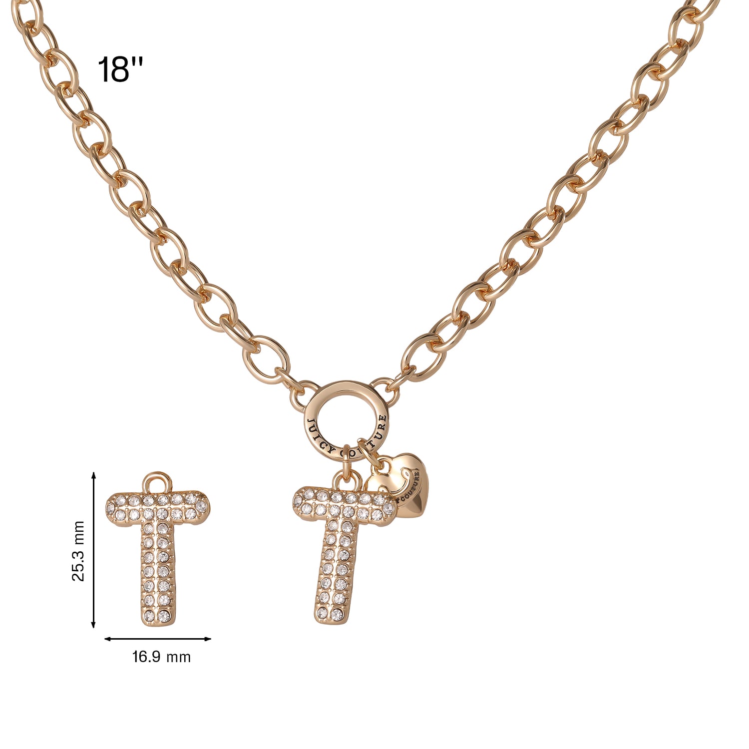 Juicy Couture Bubble Letter Necklace for Women with Clear Stones 18"+2", Chunky Initial Necklace Gold-Tone - T