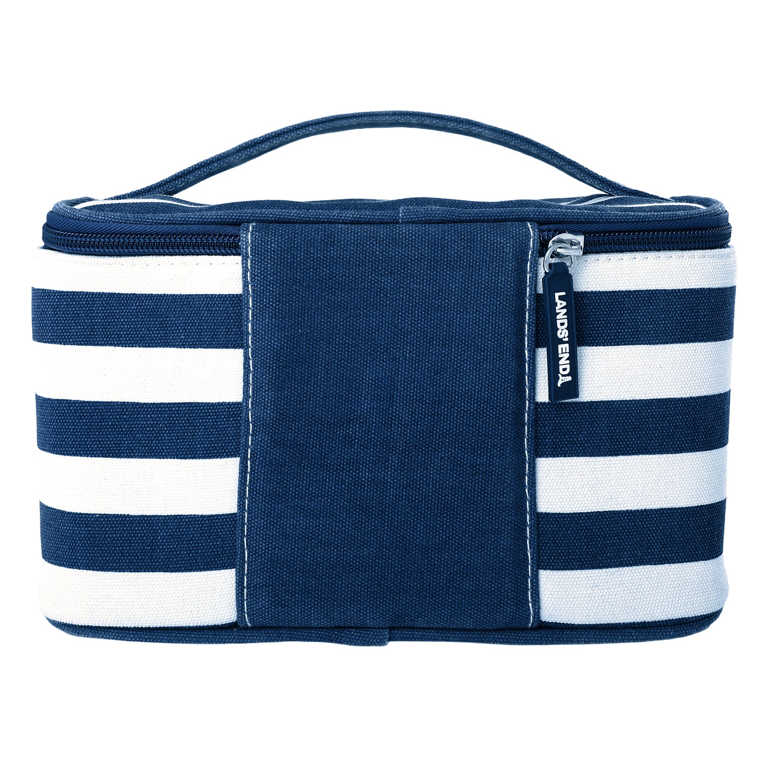 Lands' End Large Makeup Bag Train Case with 2 100 ML Plastic Travel Bottles, Soft-Sided Cosmetic Travel Bag - Navy Stripe
