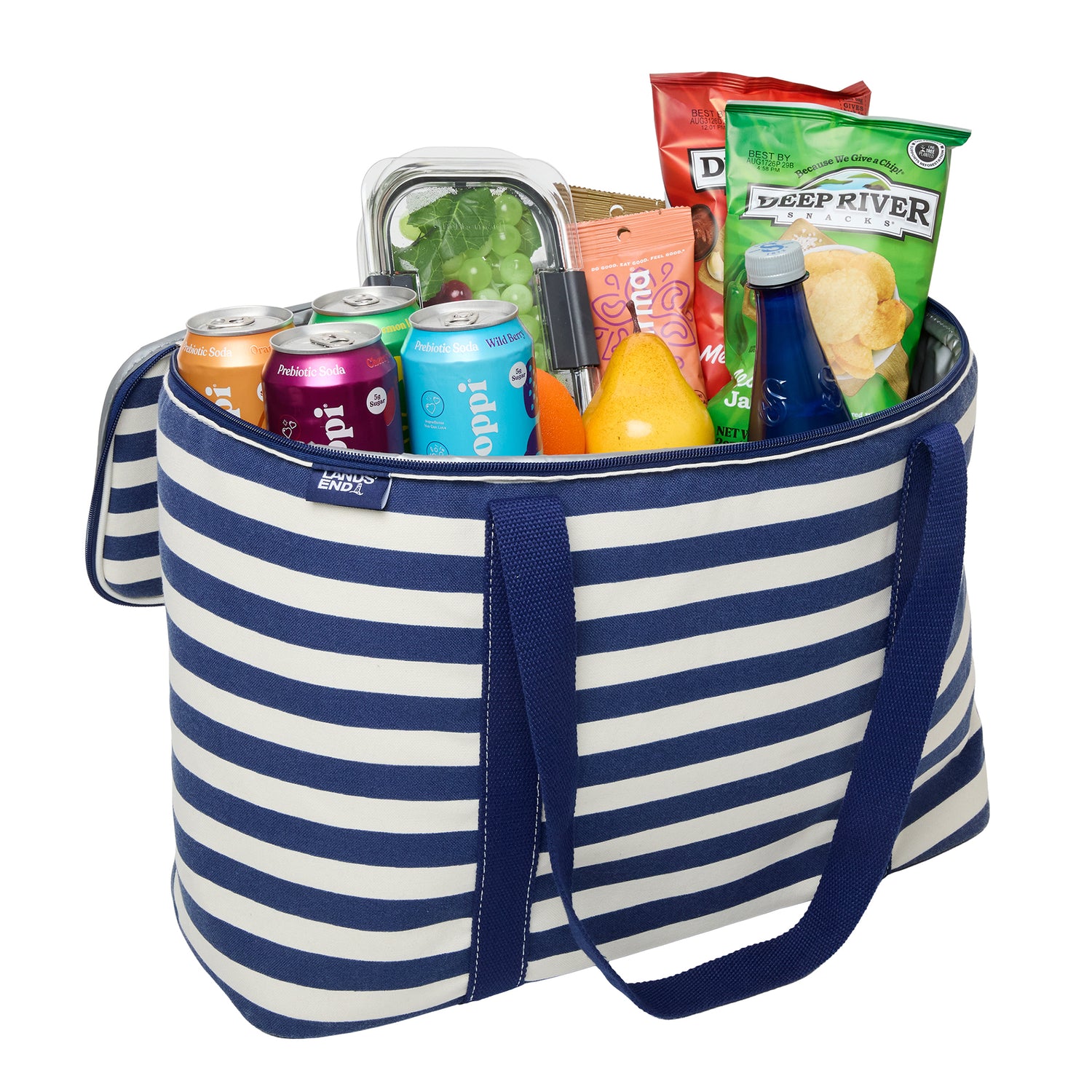Lands' End Rectangular Large Cooler Bag Insulated 8 Gal, Canvas Soft Cooler with Tote Handles and Zip Closure (Navy Stripe) - Navy Stripe