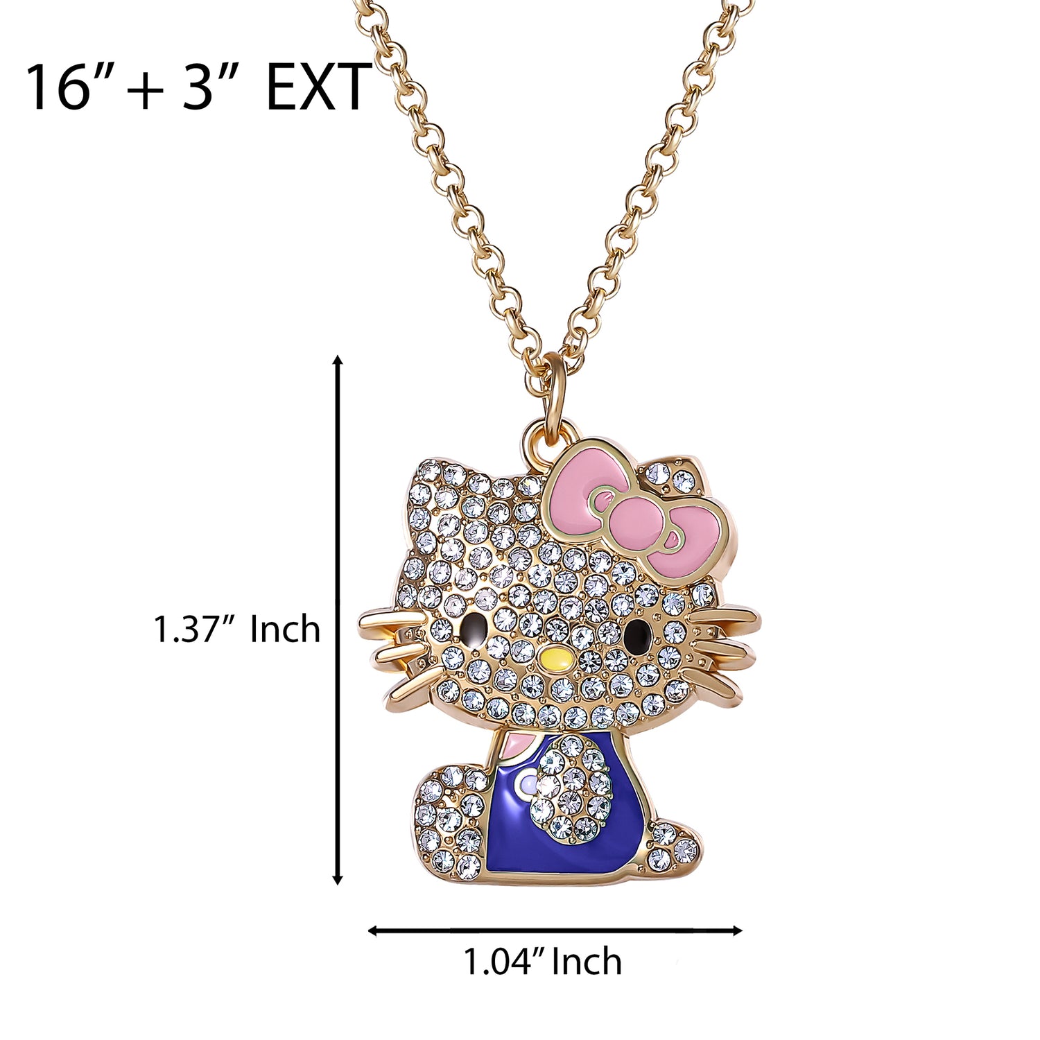 SALLY ROSE Hello Kitty Pink and Blue Enamel and Pave Necklace Official License, Gold-Tone 16+3 Hello Kitty Necklace, Sanrio Gifts - Blue