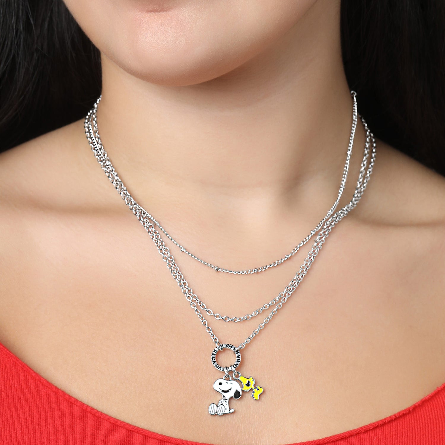Peanuts Snoopy and Woodstock Layered Necklace for Women, 16/17/18"+3.25"