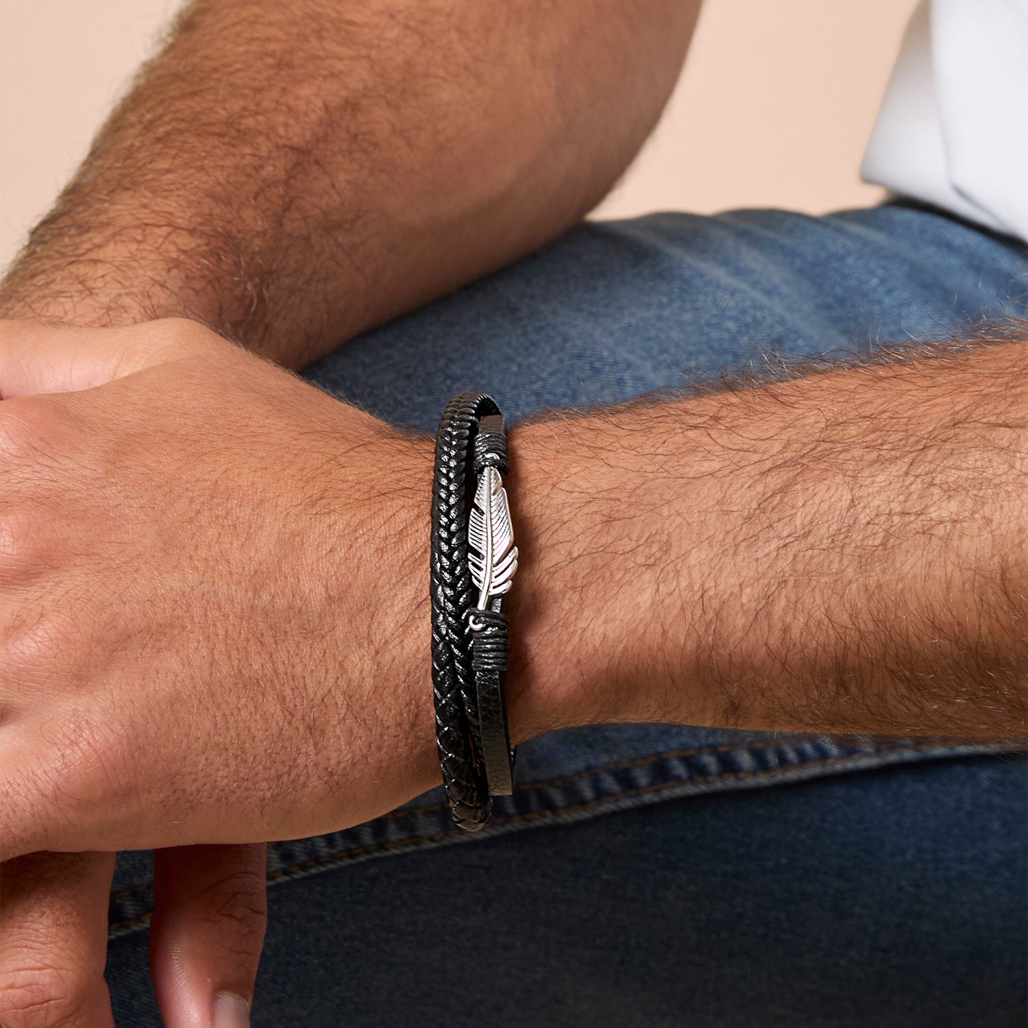 Lucky Brand Mens Triple Row Black Bracelet with Silver Accents