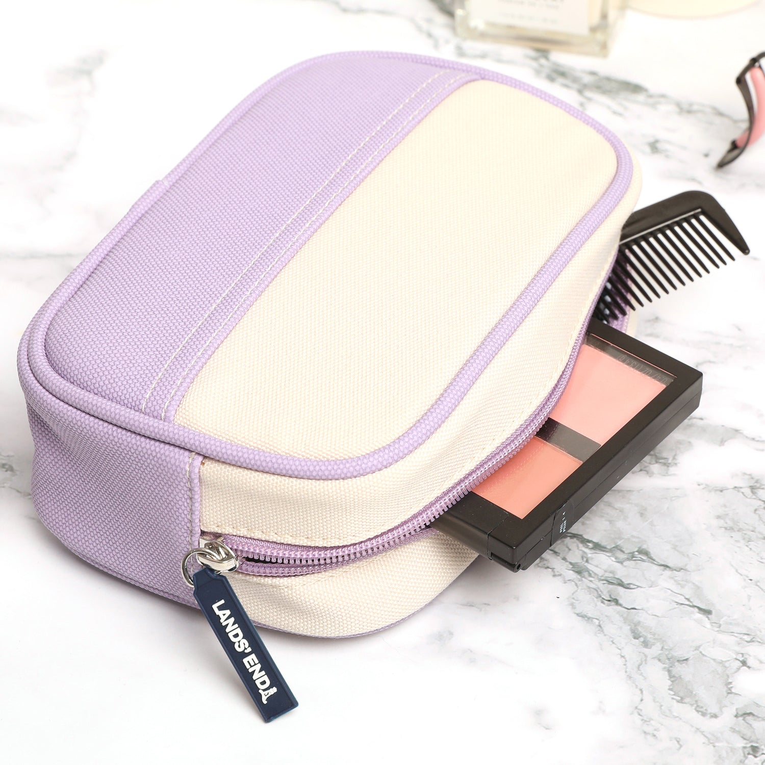 Lands' End Medium Rectangular Dopp Kit for Travel, Striped Canvas Toiletry Bag with Top Zip (Lilac) - Lilac