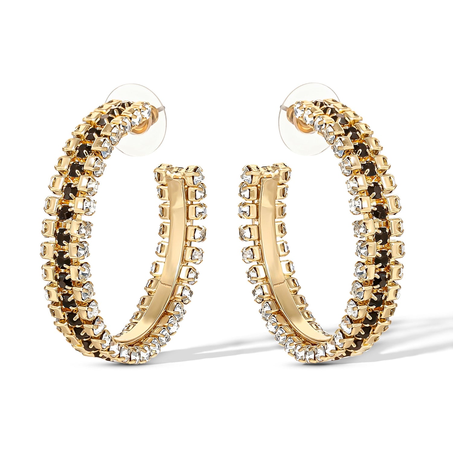 Jessica Simpson Black and White Crystal Hoop Earrings for Women - Gold-Tone Statement Earrings