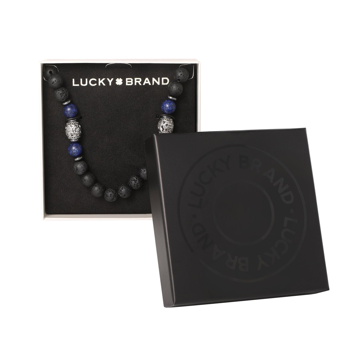 Lucky Brand Men’s Lava Rock & Lapis Beaded 22'' Necklace, Silver‑Tone Barrel Accents