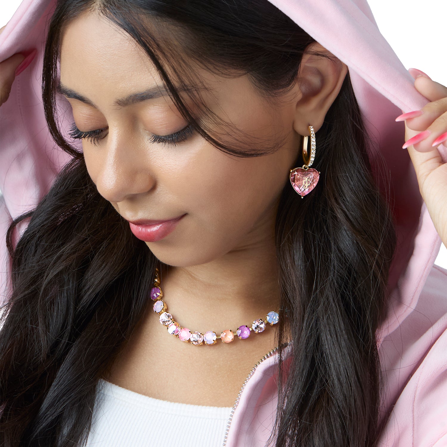 Juicy Couture Heart Charm Hoop Earrings for Women, Colored & Clear Stones - Pink