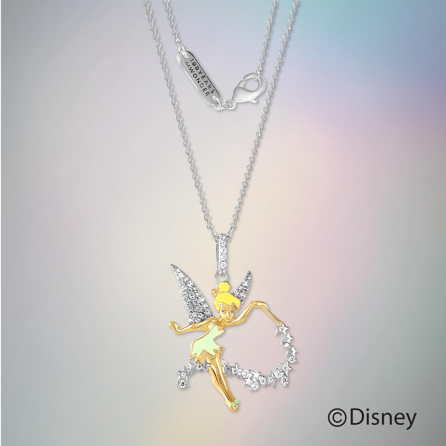 Disney Womens 3D Tinkerbell Pendant Necklace 18", Cubic Zirconia and Sterling Silver Necklace Official License