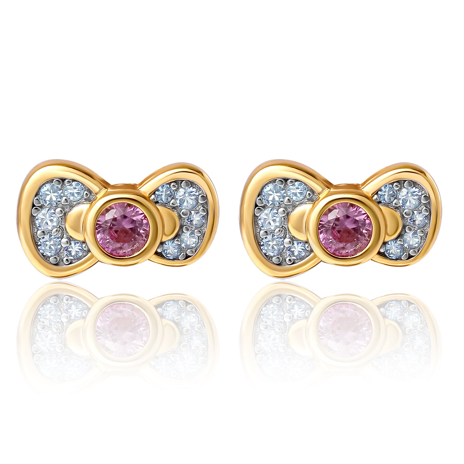 Hello Kitty Bow Stud Earrings, Two-Tone Plated Sterling Silver with Created Pink & White Sapphire, Official License